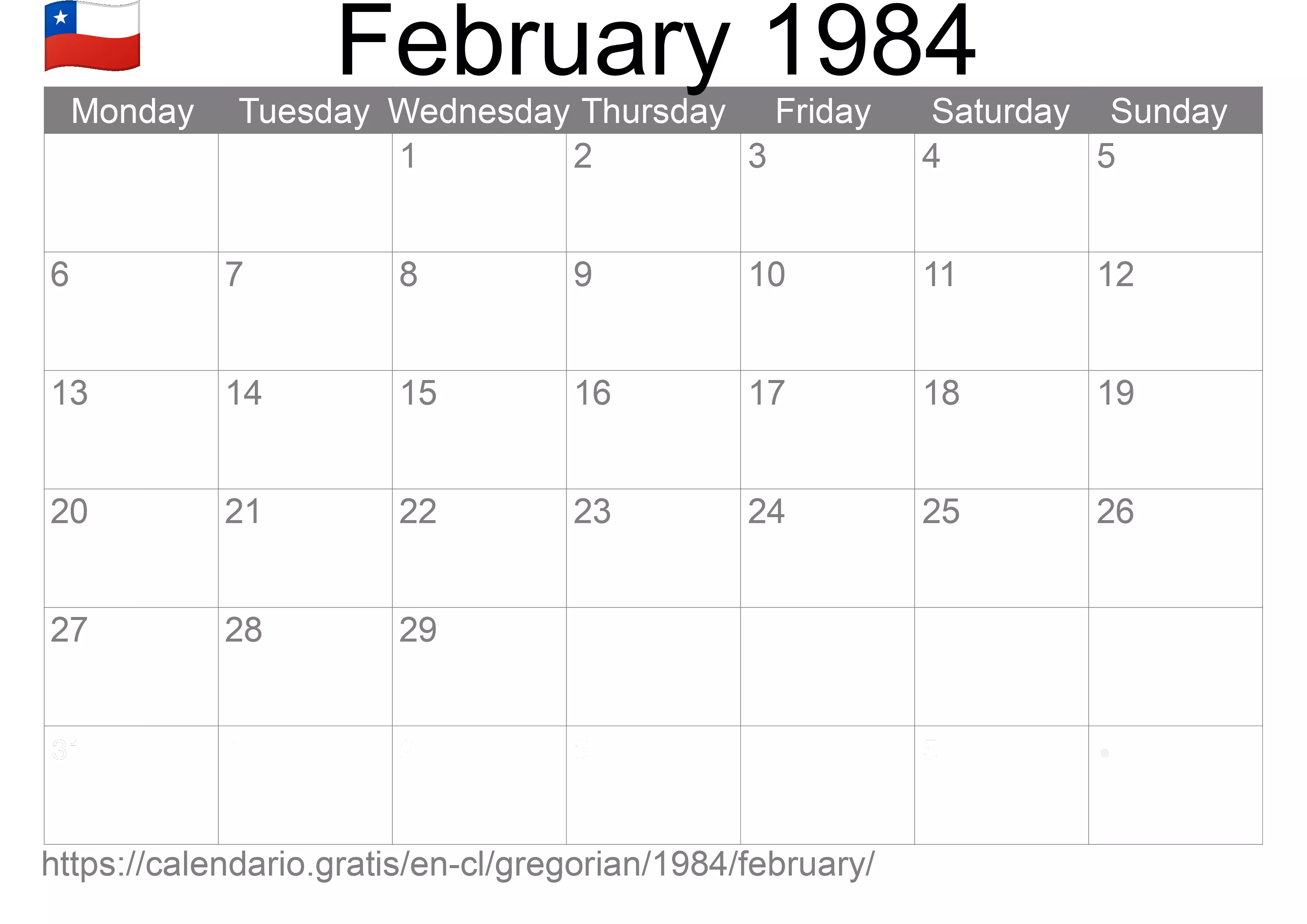 Calendar February 1984 to print (Chile) Calendar February 1984 to print (Chile)