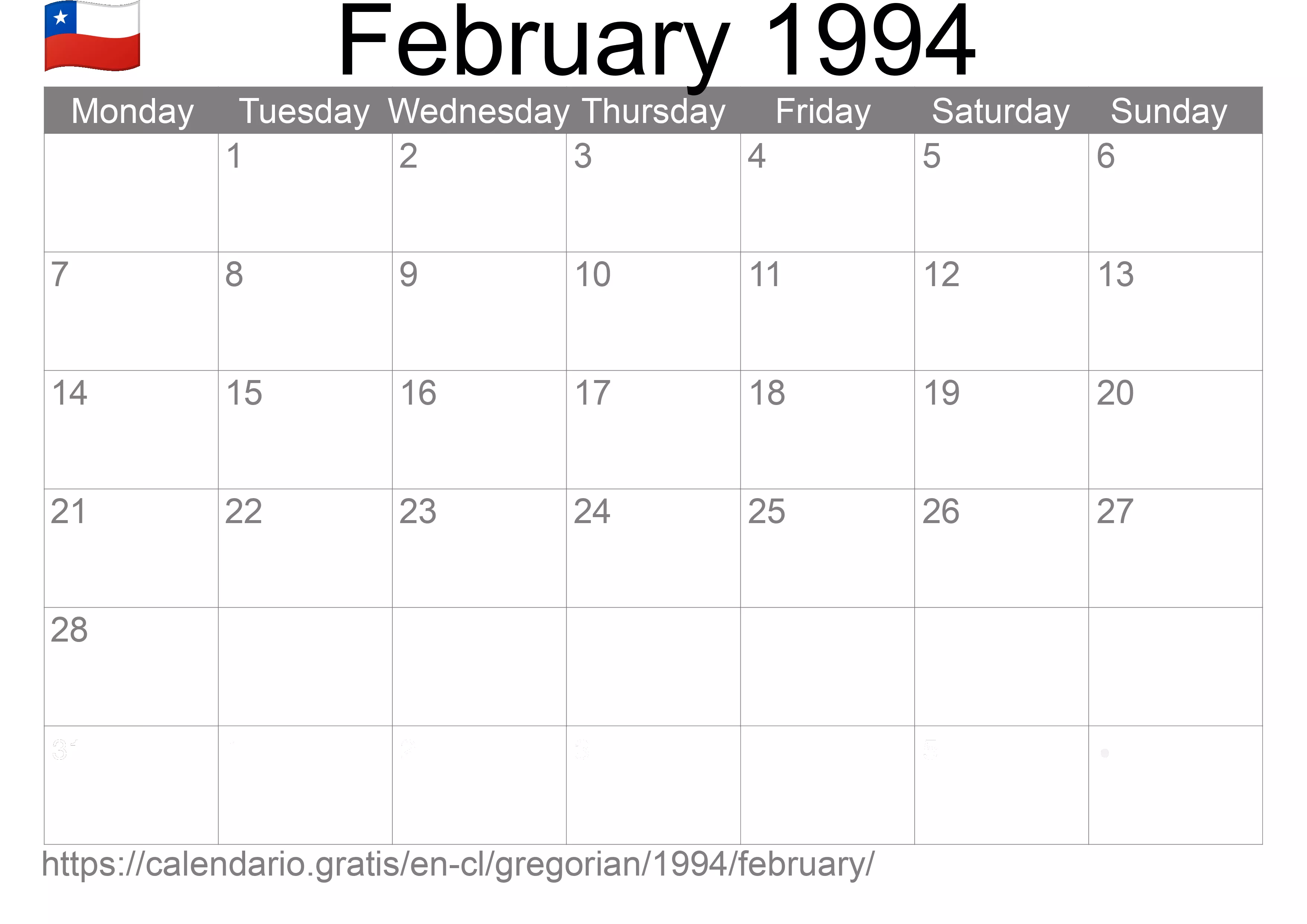 Calendar February 1994 to print (Chile) Calendar February 1994 to print (Chile)