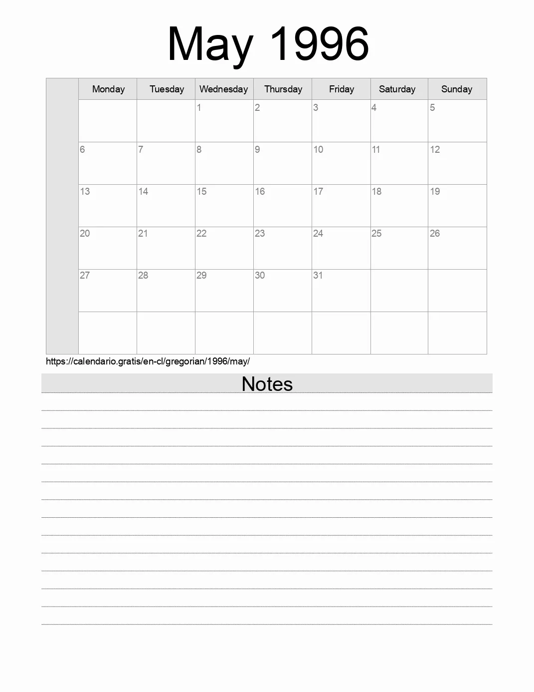 Calendar for printing with notes for 1996 May . (Chile) Calendar for printing with notes for 1996 May . (Chile)