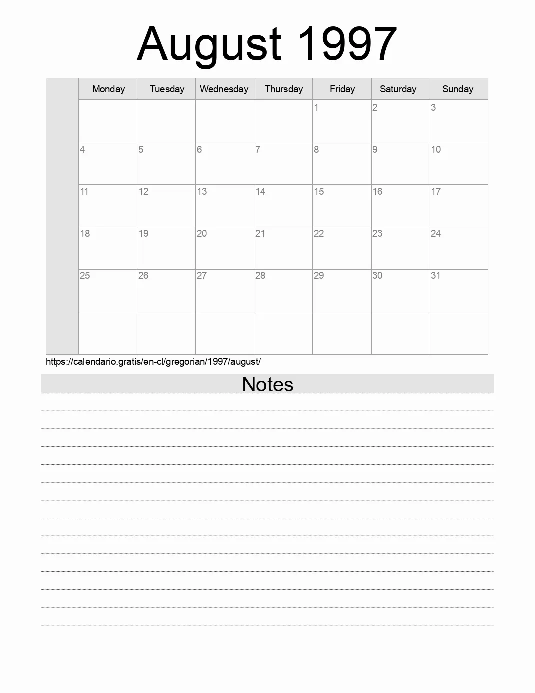 Calendar for printing with notes for 1997 August . (Chile) Calendar for printing with notes for 1997 August . (Chile)