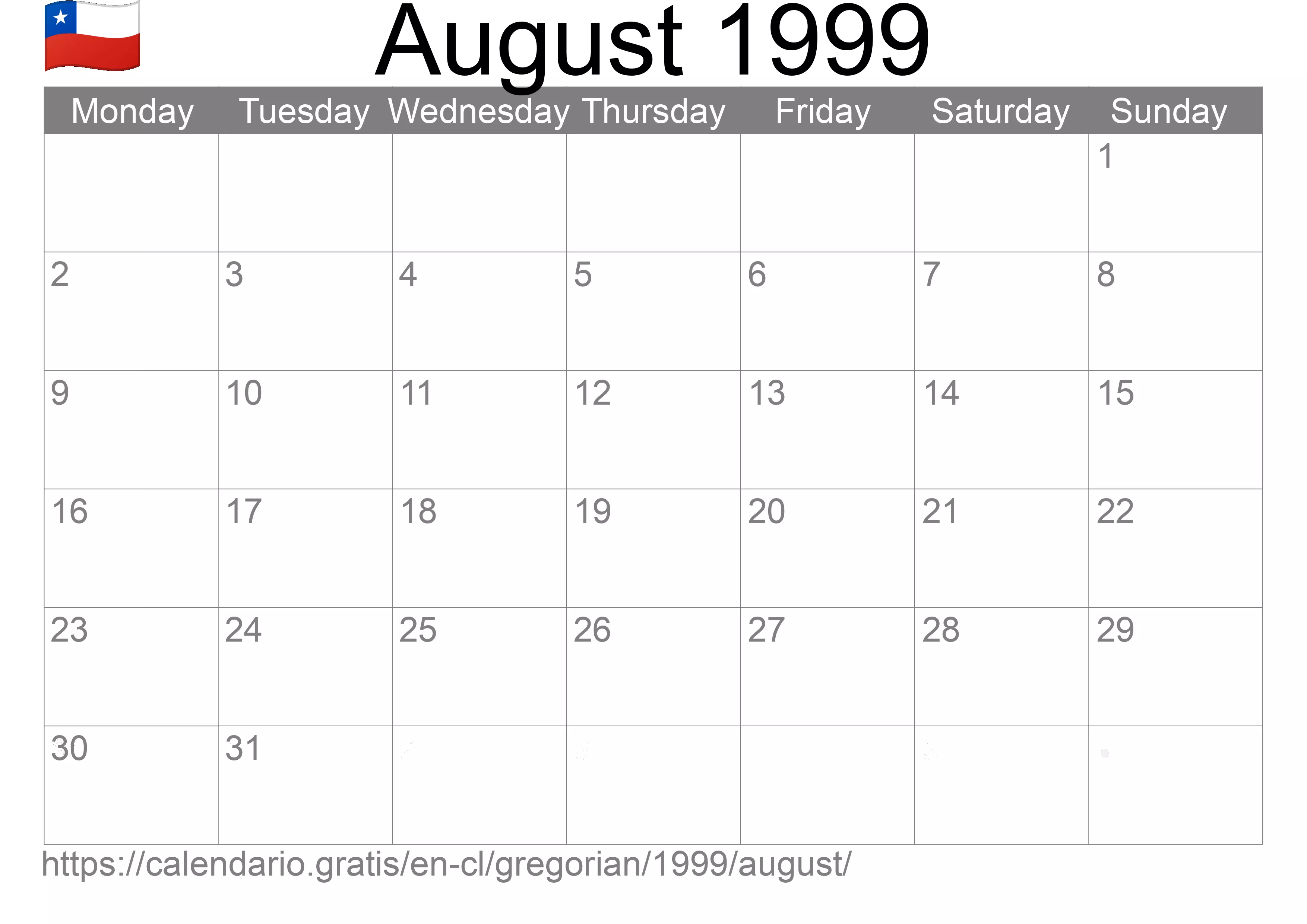 Calendar August 1999 to print (Chile) Calendar August 1999 to print (Chile)