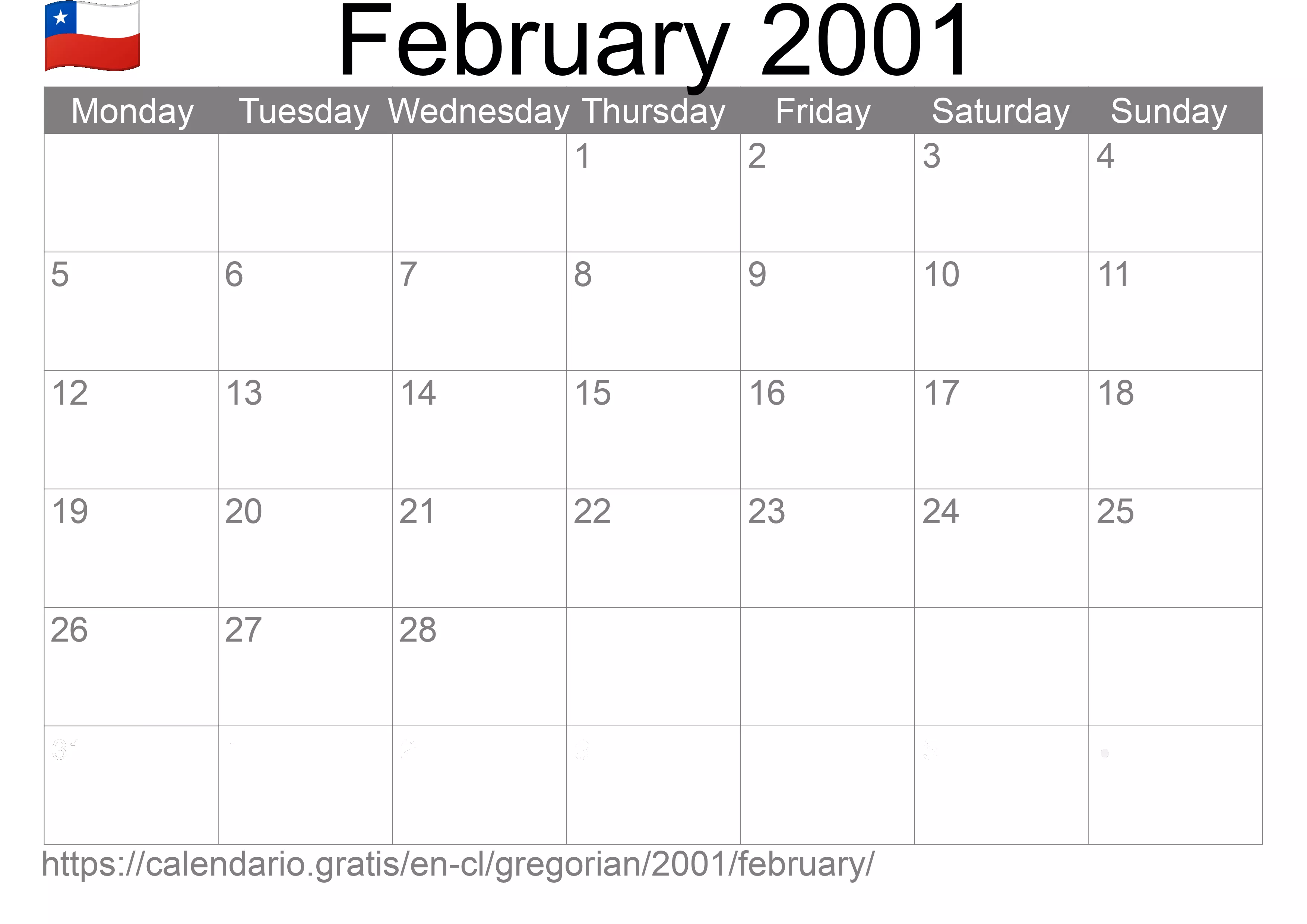 Calendar February 2001 to print (Chile) Calendar February 2001 to print (Chile)