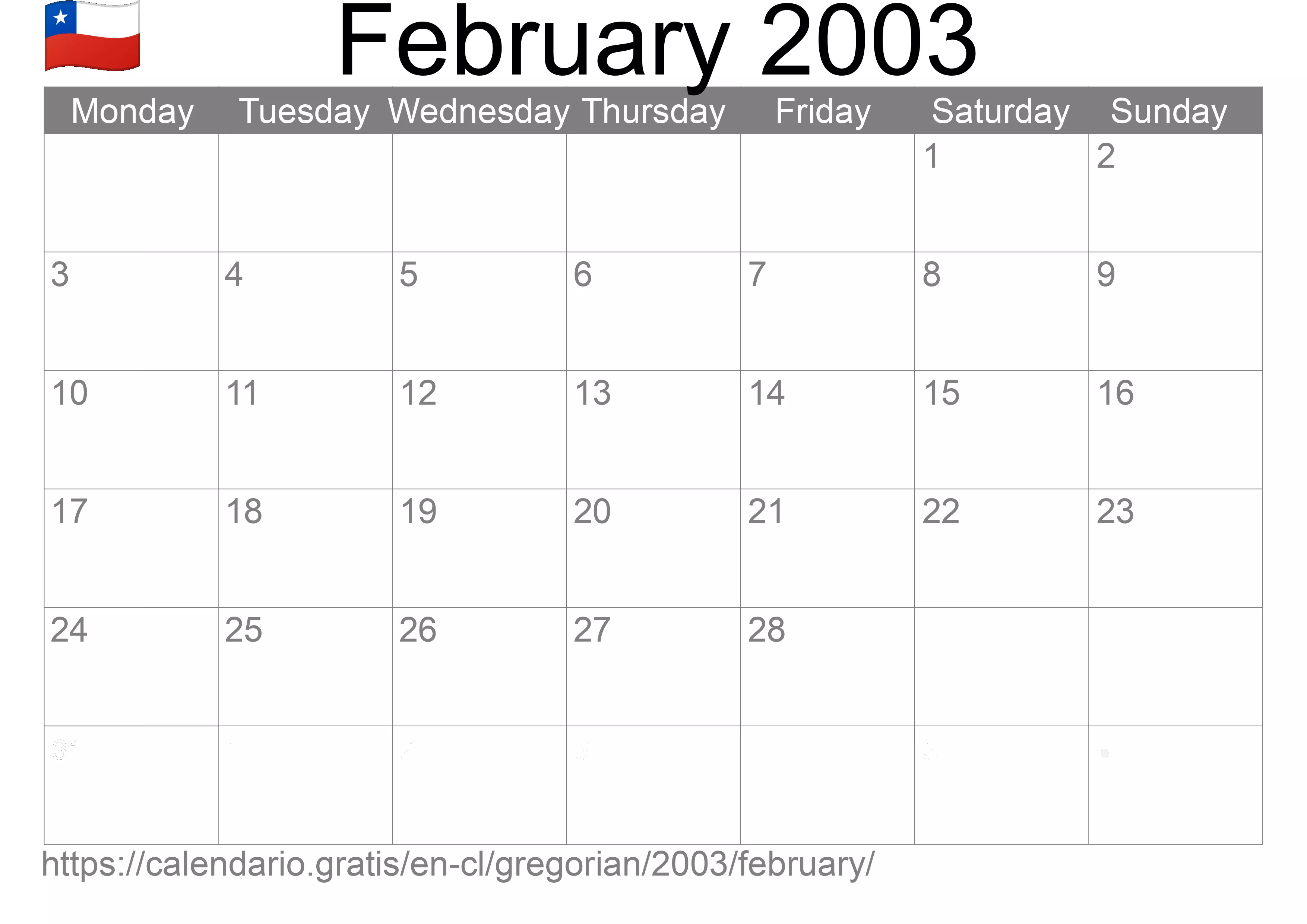 Calendar February 2003 to print (Chile) Calendar February 2003 to print (Chile)