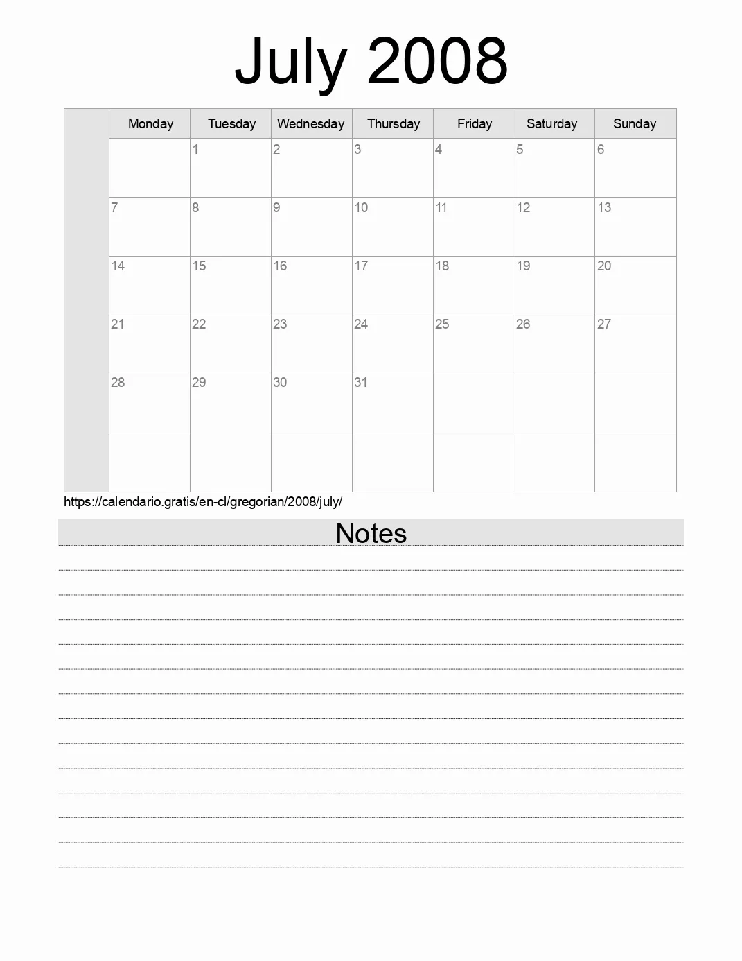 Calendar for printing with notes for 2008 July . (Chile)