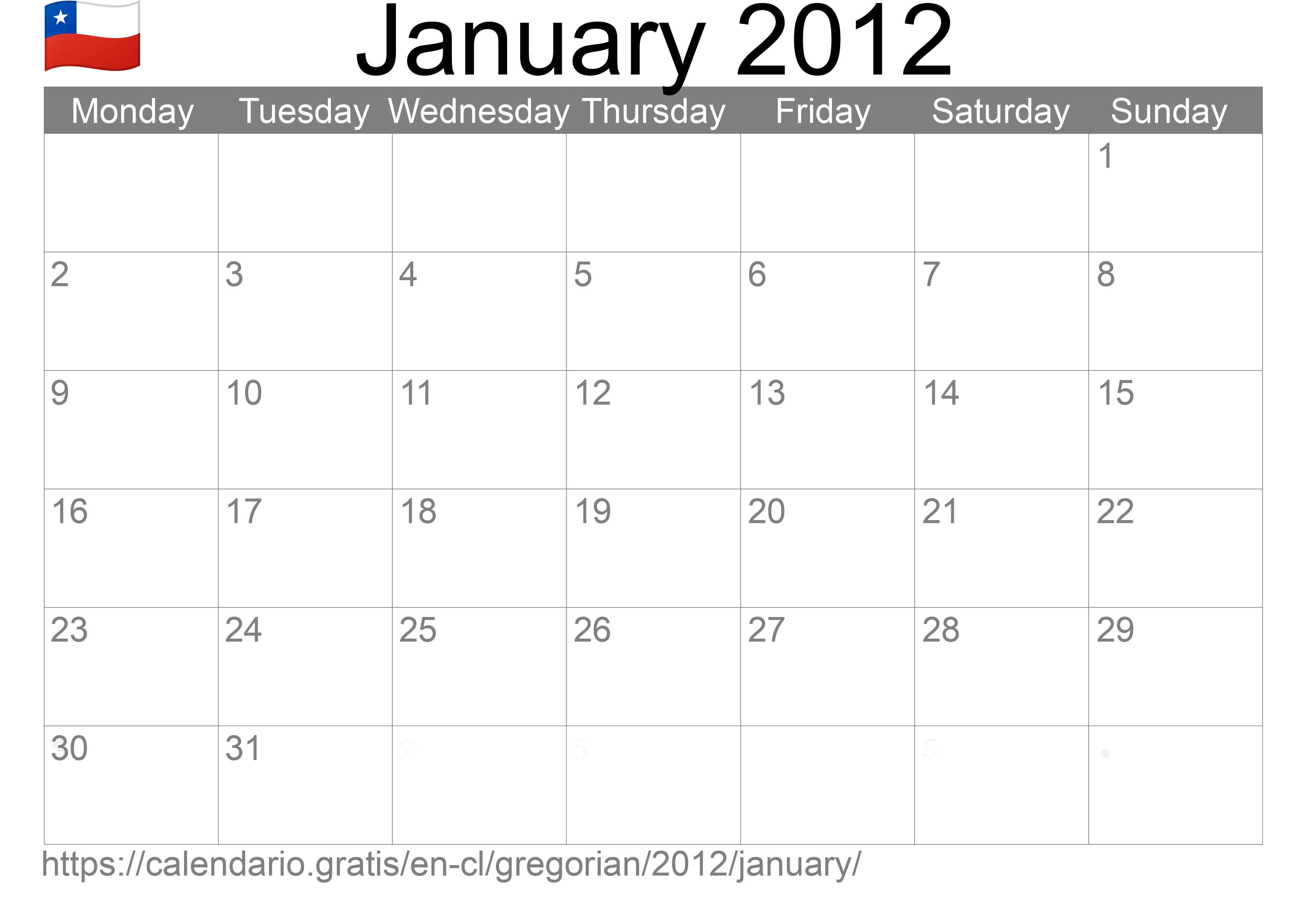 Calendar January 2012 to print