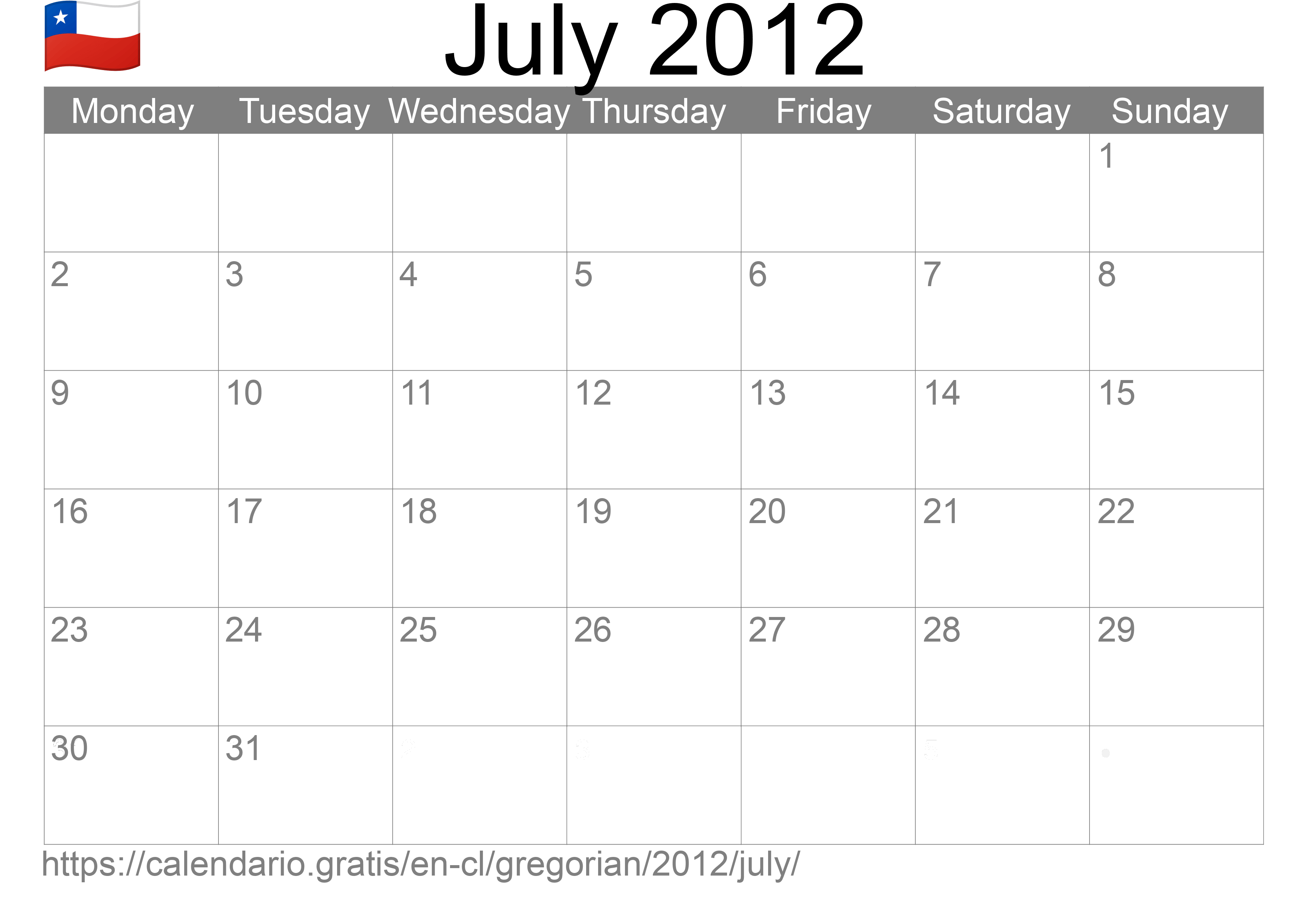 Calendar July 2012 to print