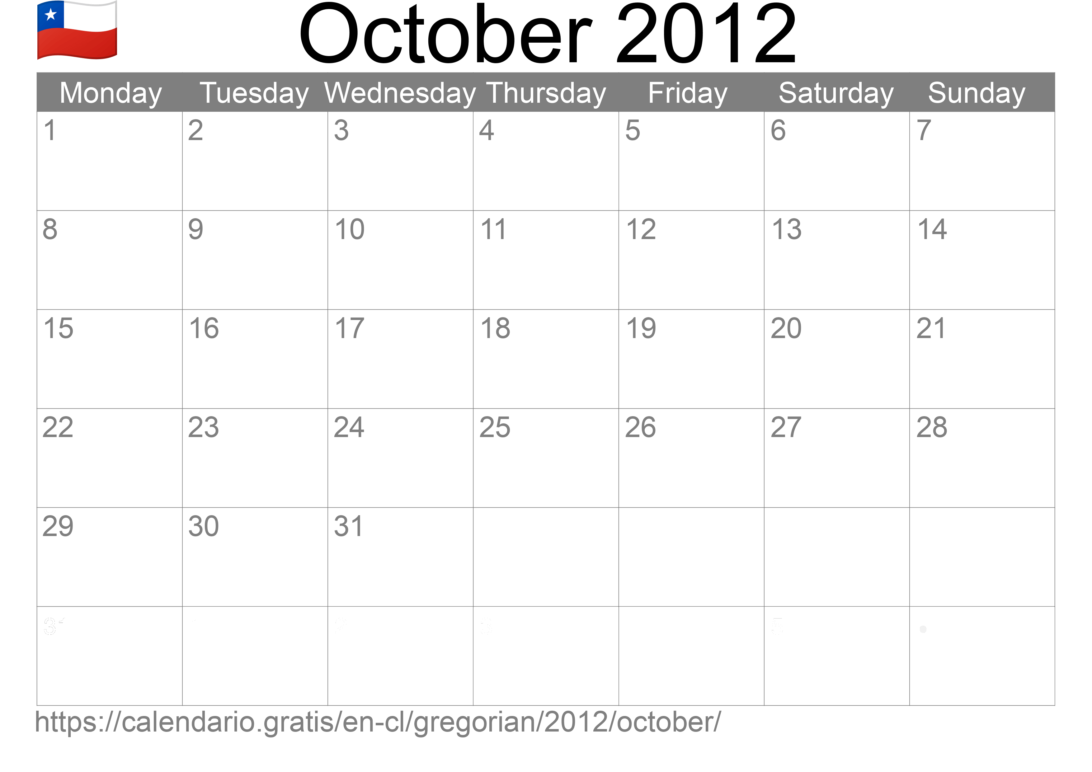 Calendar October 2012 to print