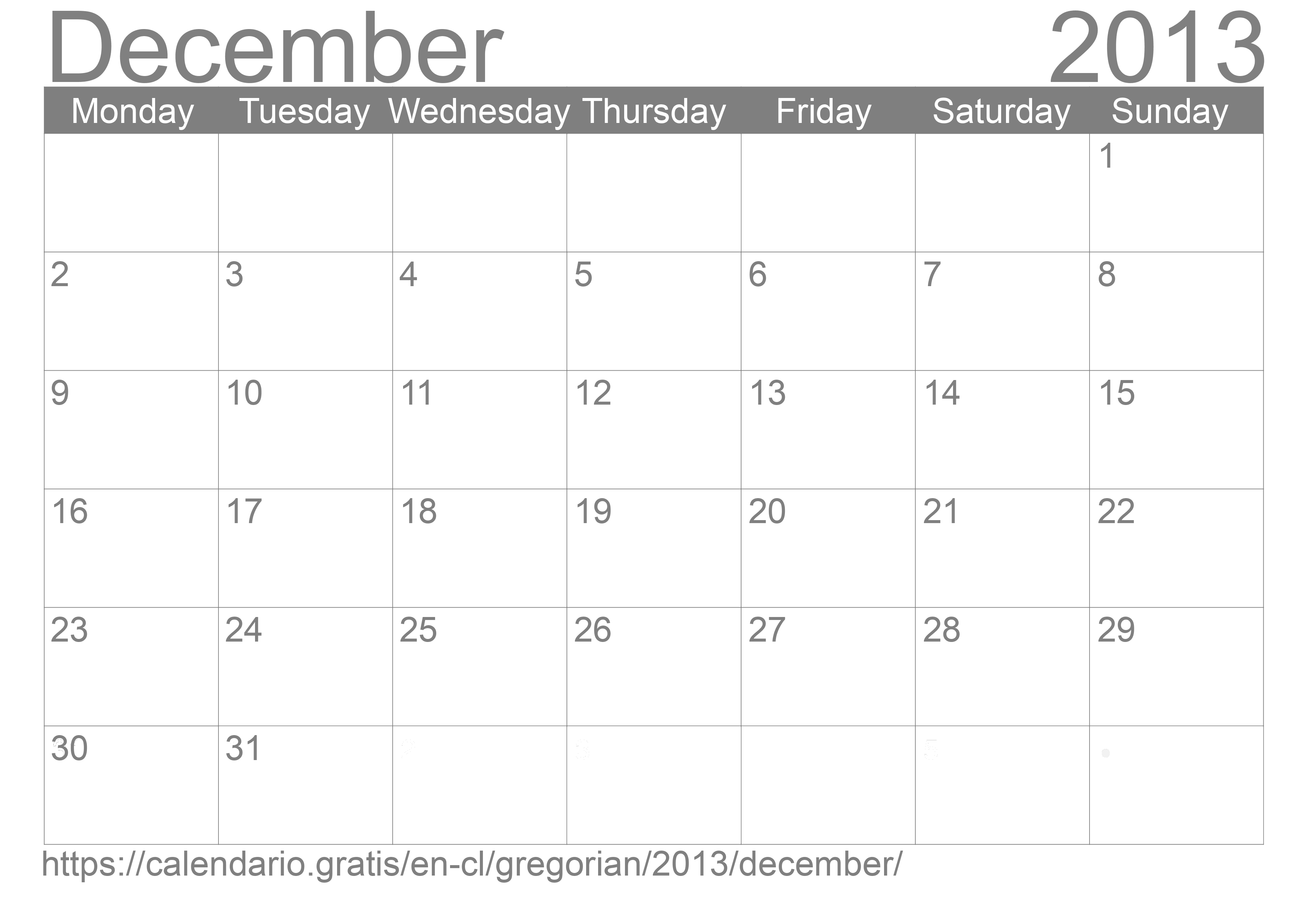 Calendar December 2013 to print