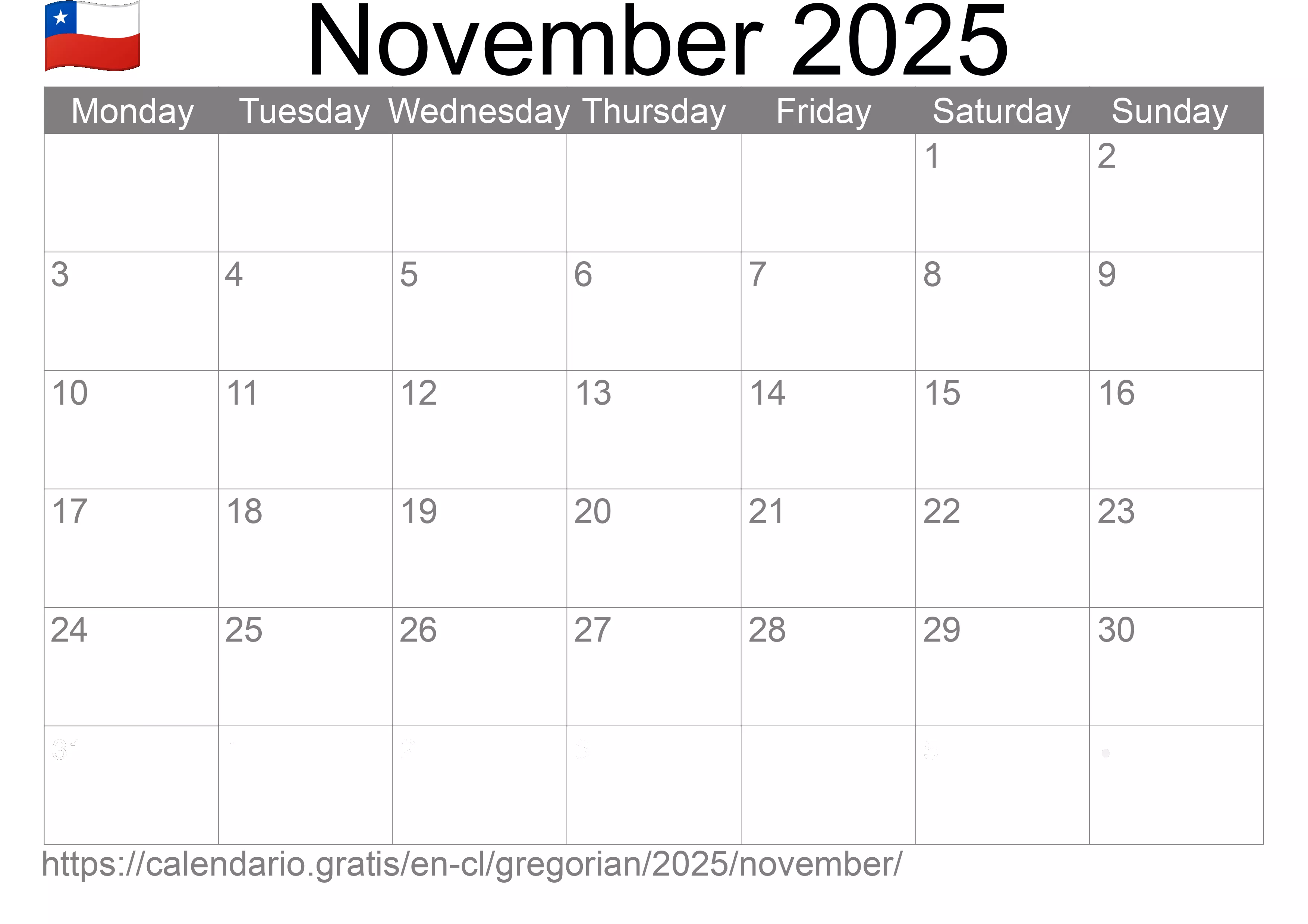 Calendar November 2025 to print (Chile)