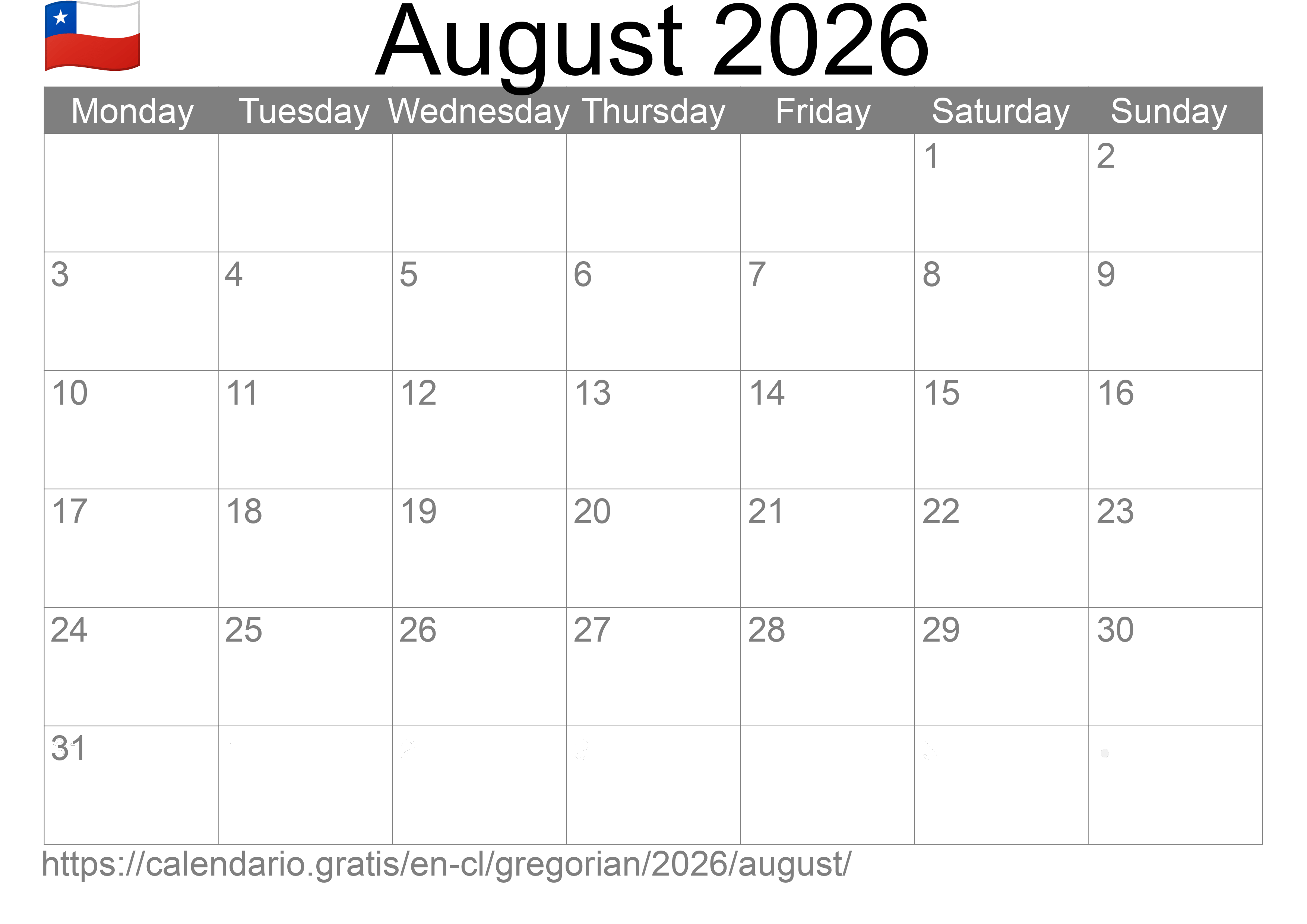 Calendar August 2026 to print