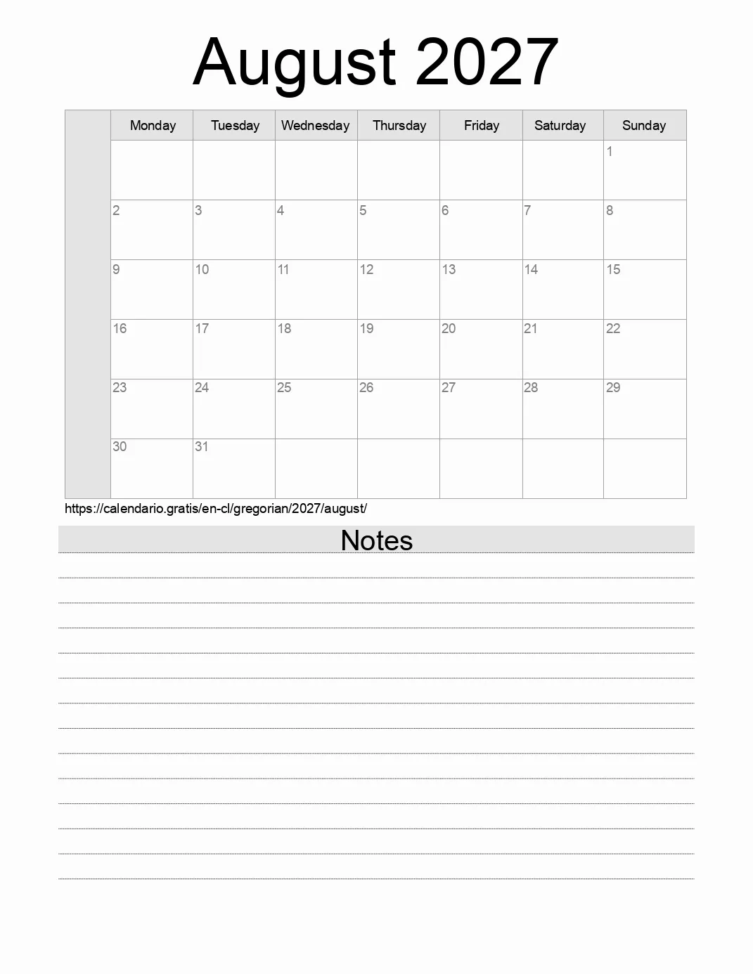 Calendar for printing with notes for 2027 August . (Chile) Calendar for printing with notes for 2027 August . (Chile)