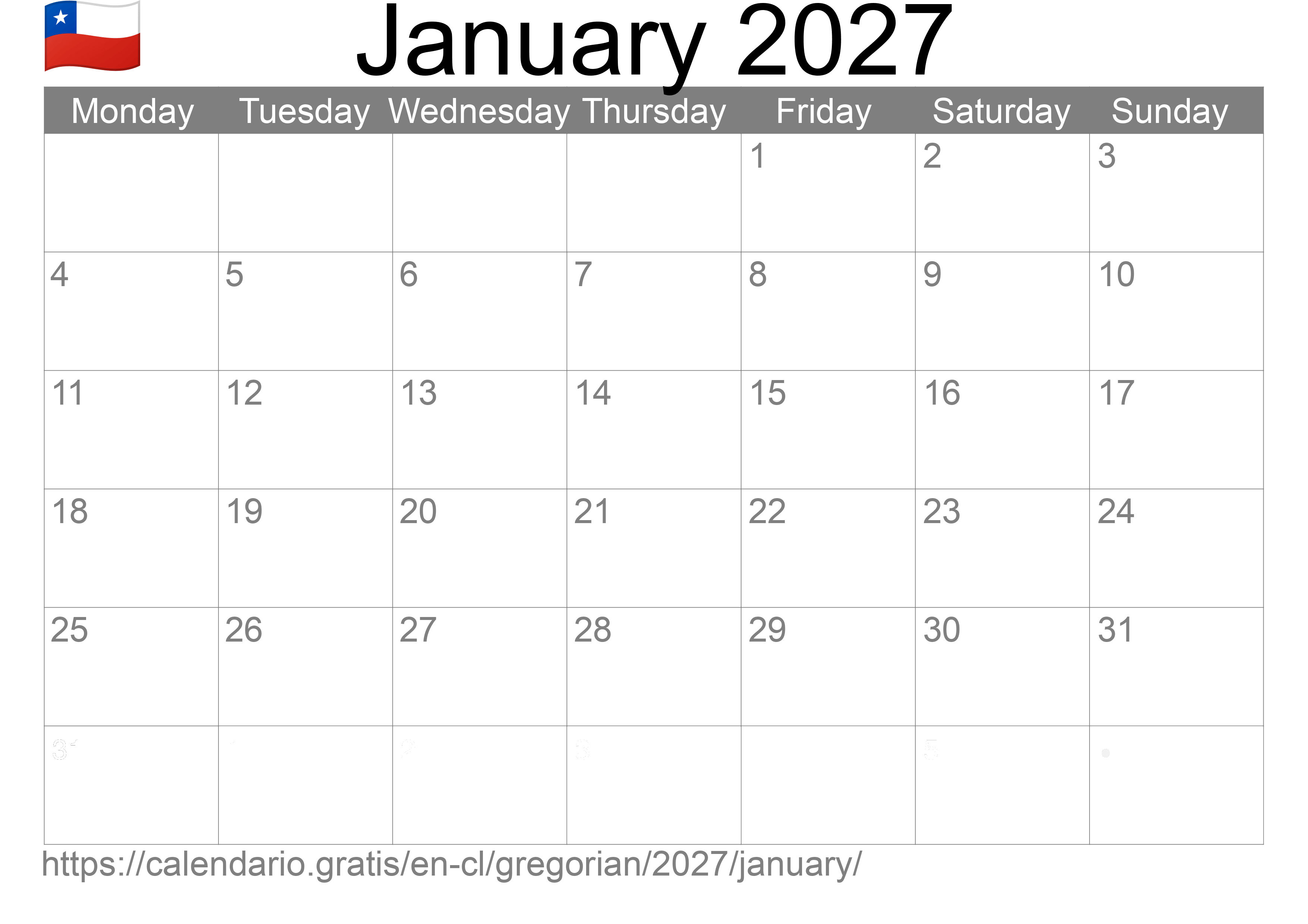 Calendar January 2027 to print