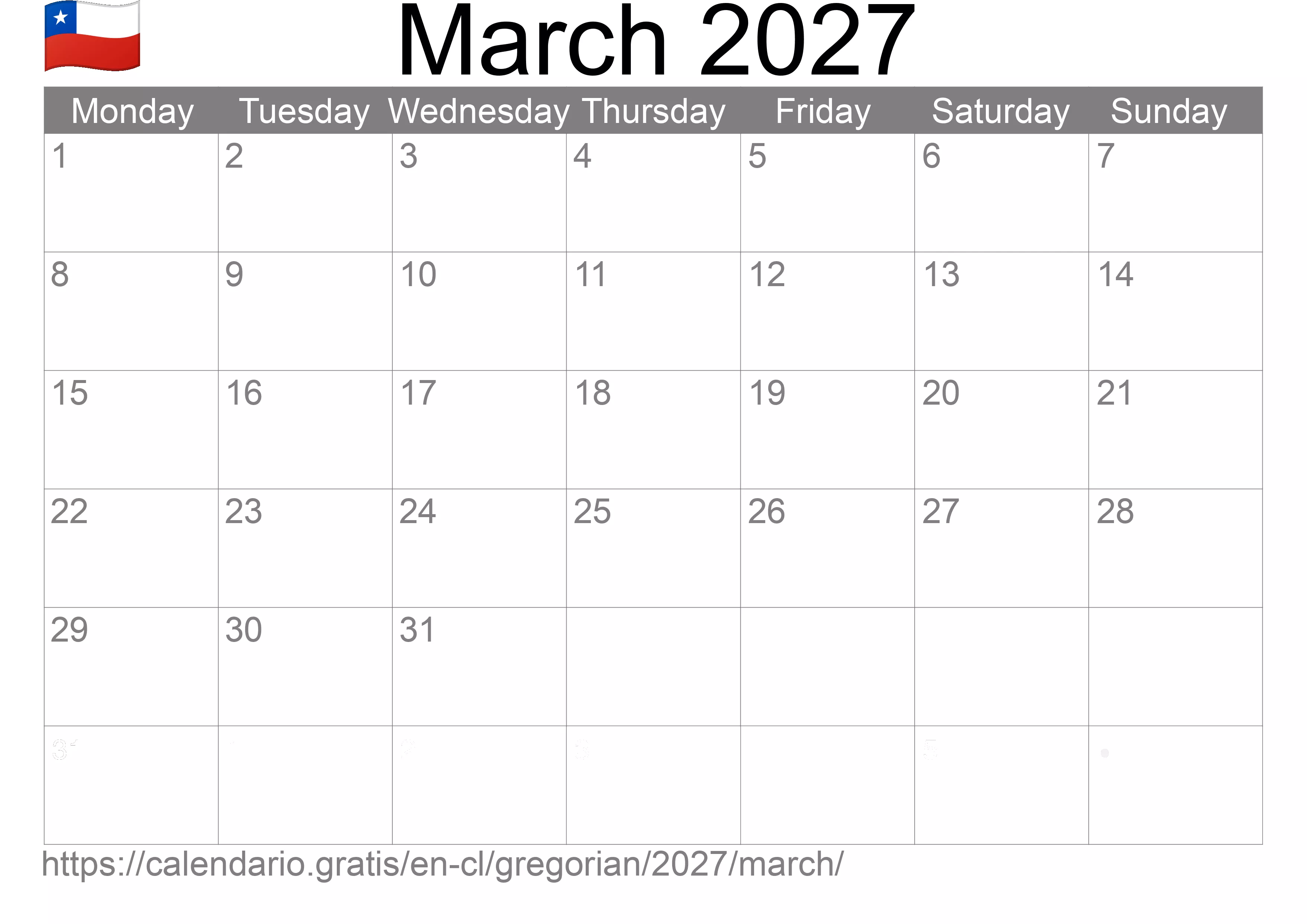 Calendar March 2027 to print (Chile) Calendar March 2027 to print (Chile)