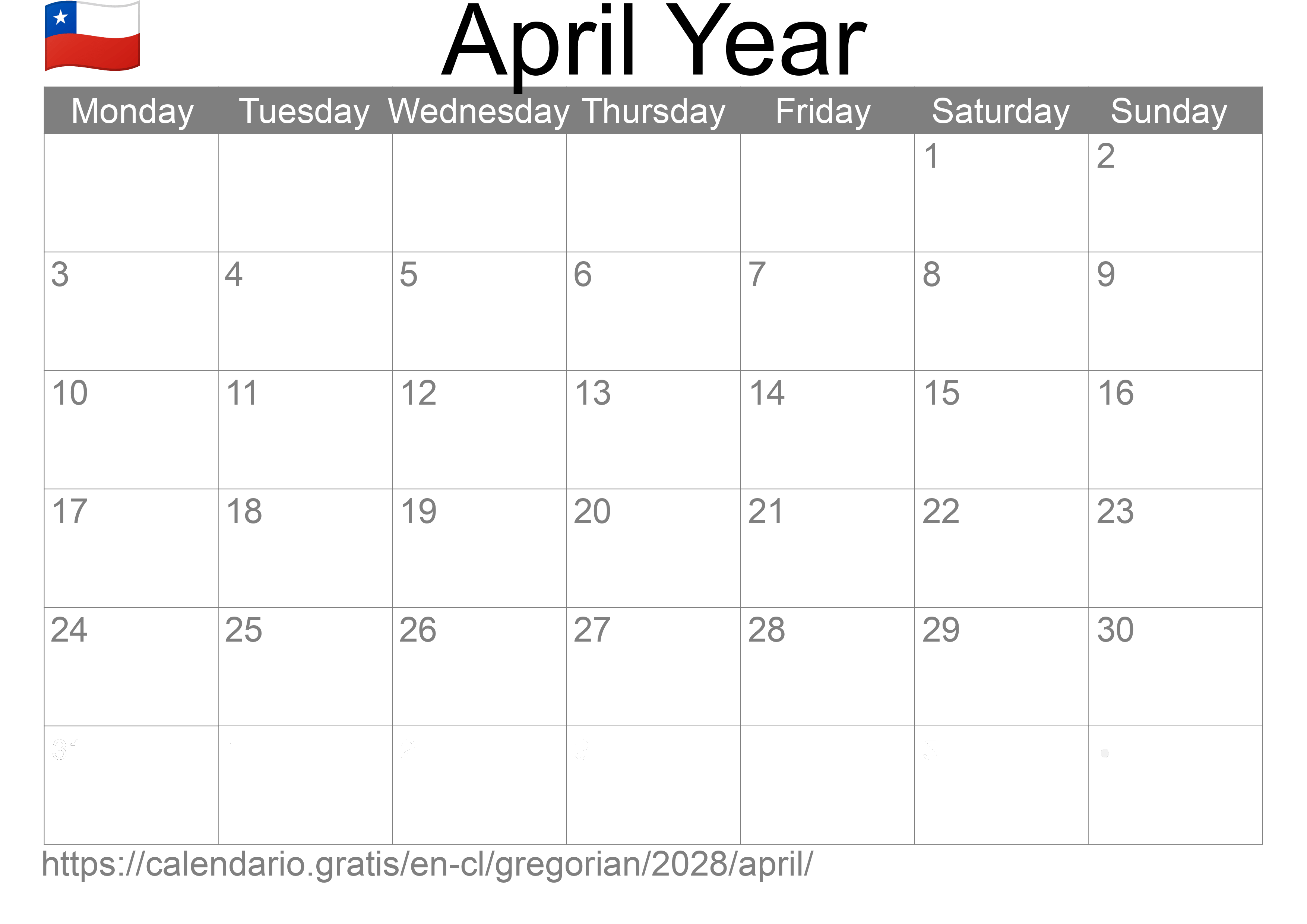 Calendar April 2028 to print