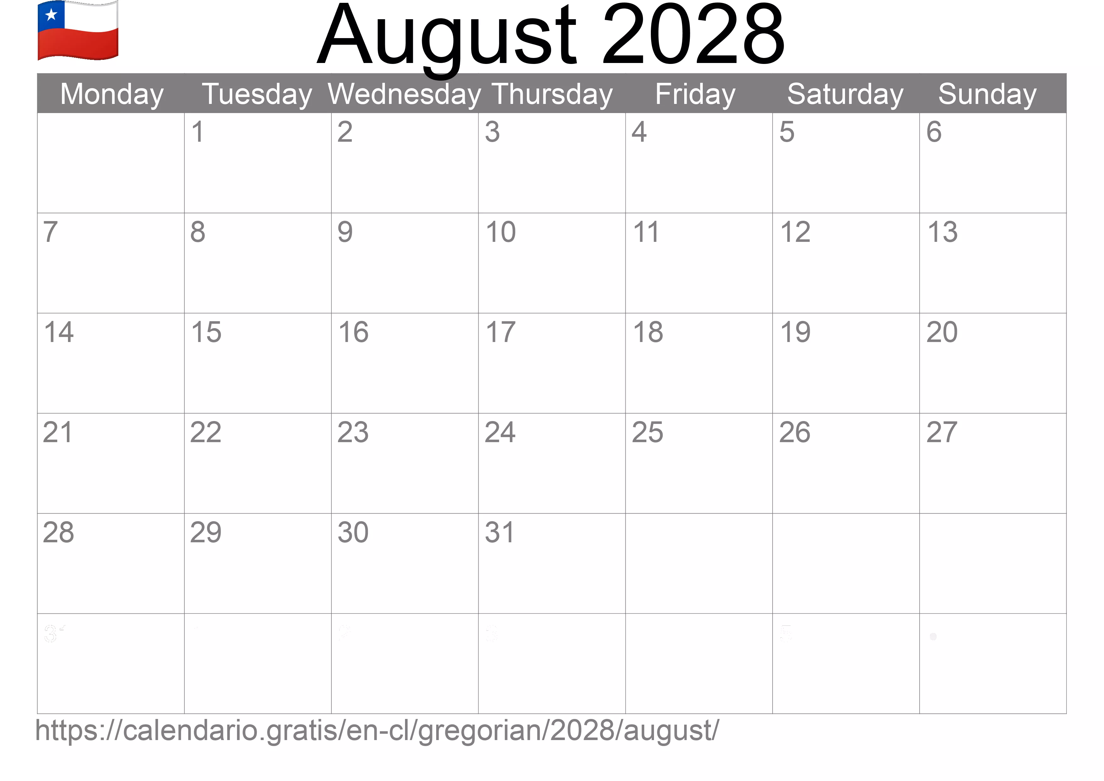 Calendar August 2028 to print (Chile) Calendar August 2028 to print (Chile)