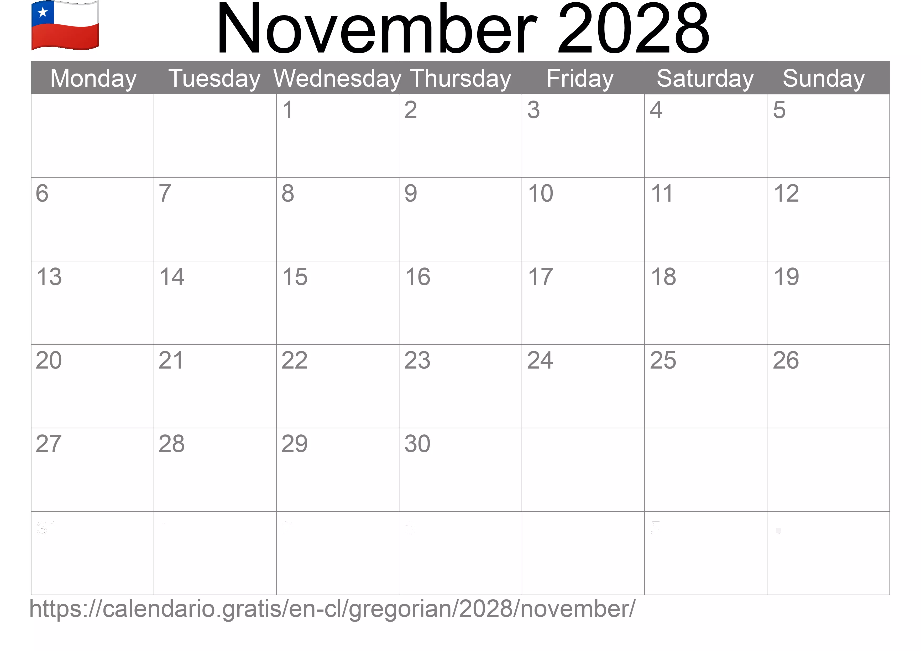 Calendar November 2028 to print (Chile)