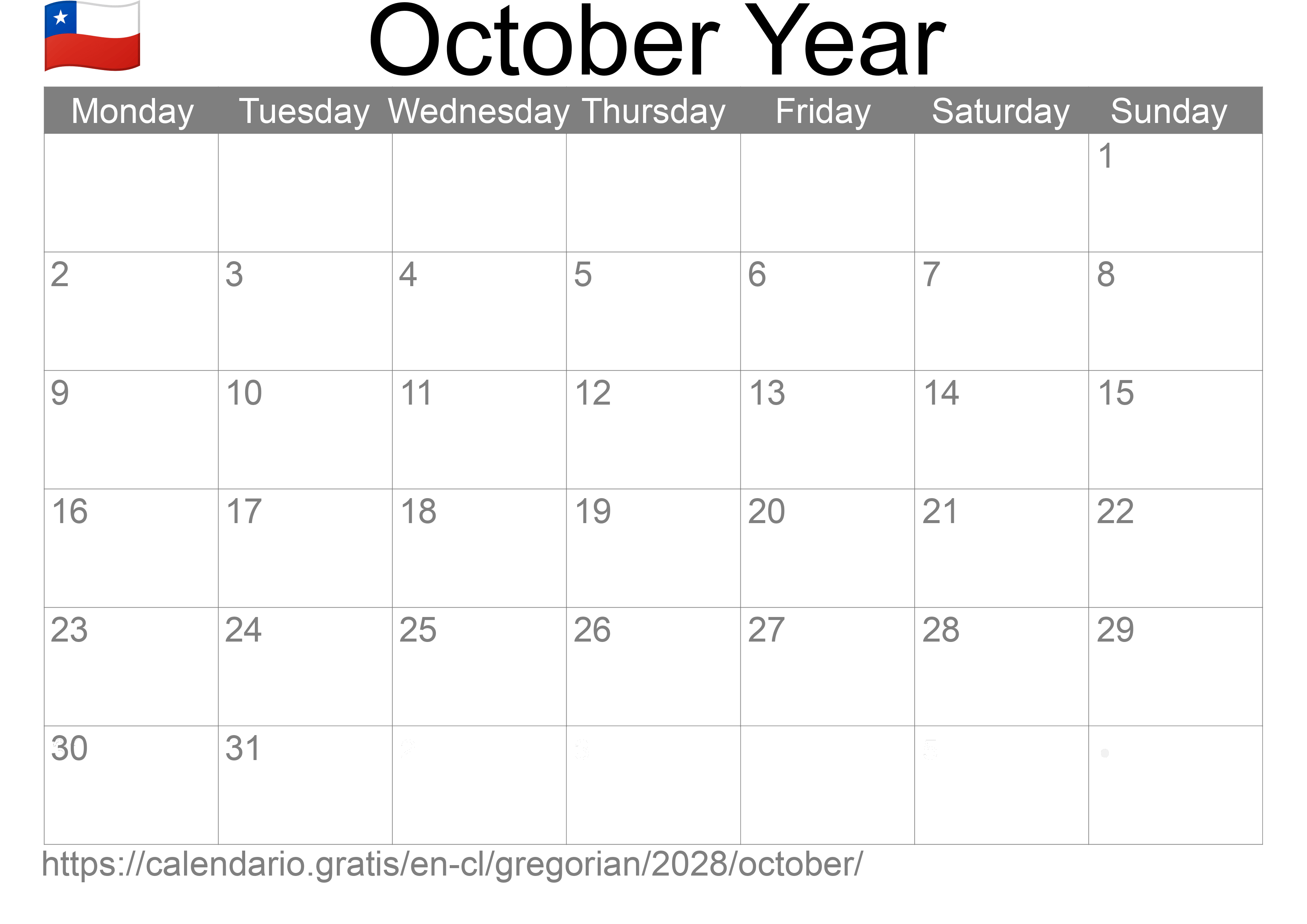 Calendar October 2028 to print