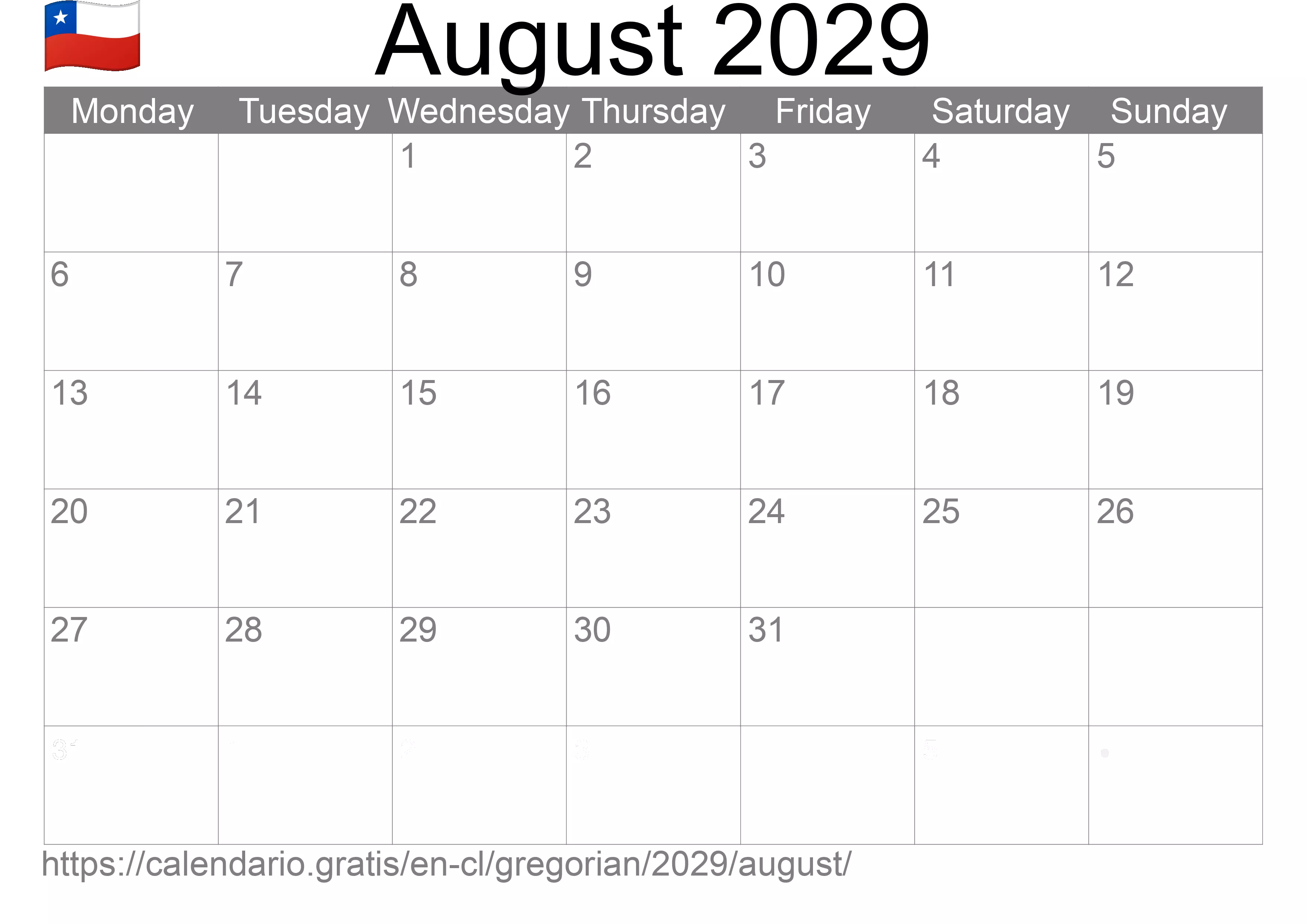 Calendar August 2029 to print (Chile) Calendar August 2029 to print (Chile)