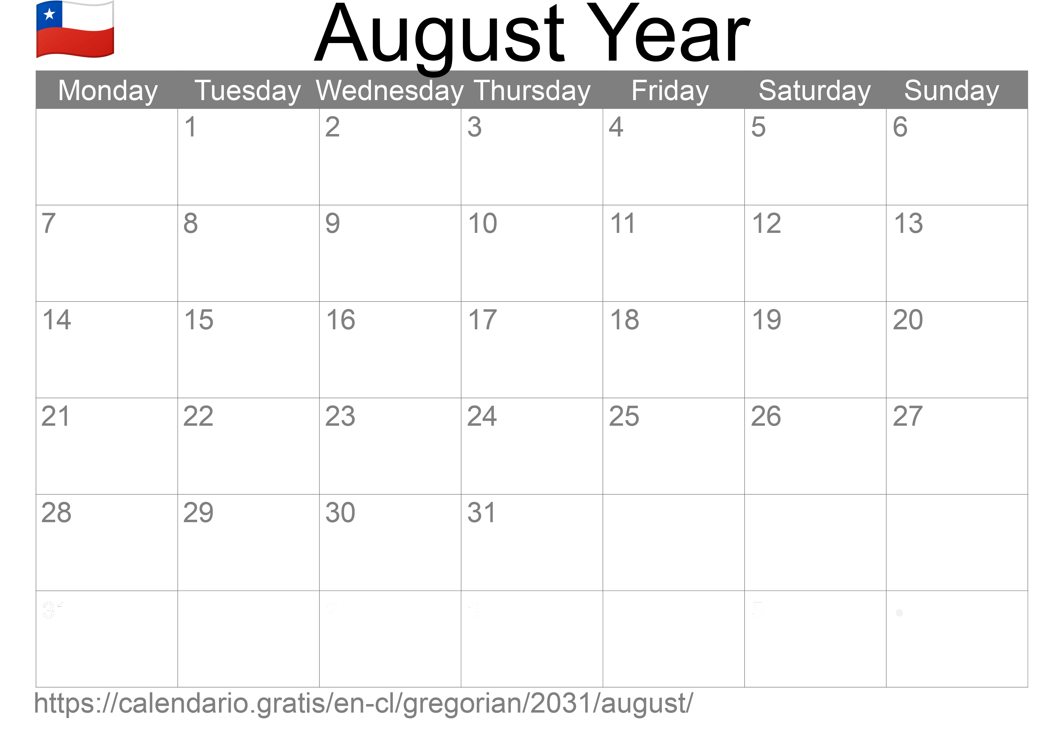 Calendar August 2031 to print