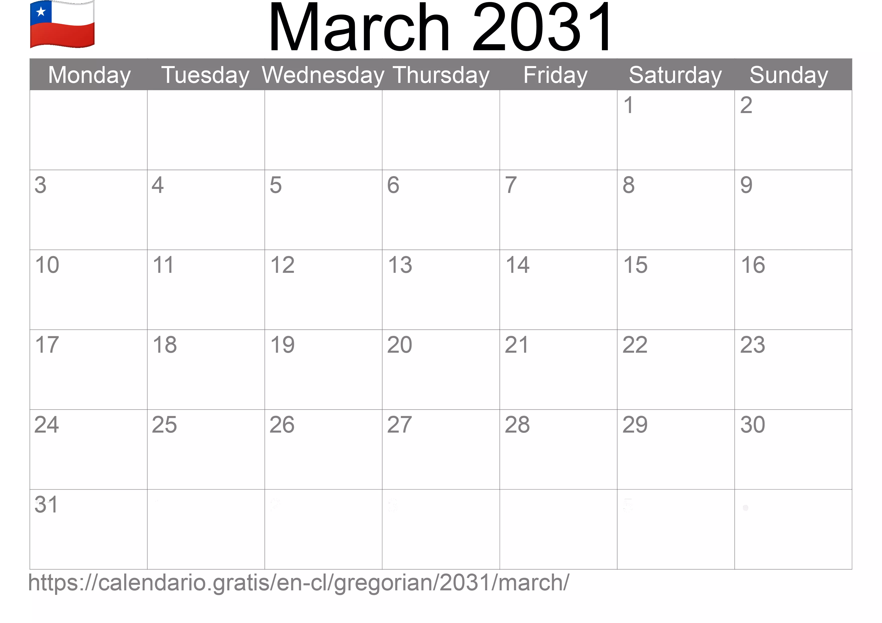 Calendar March 2031 to print (Chile) Calendar March 2031 to print (Chile)