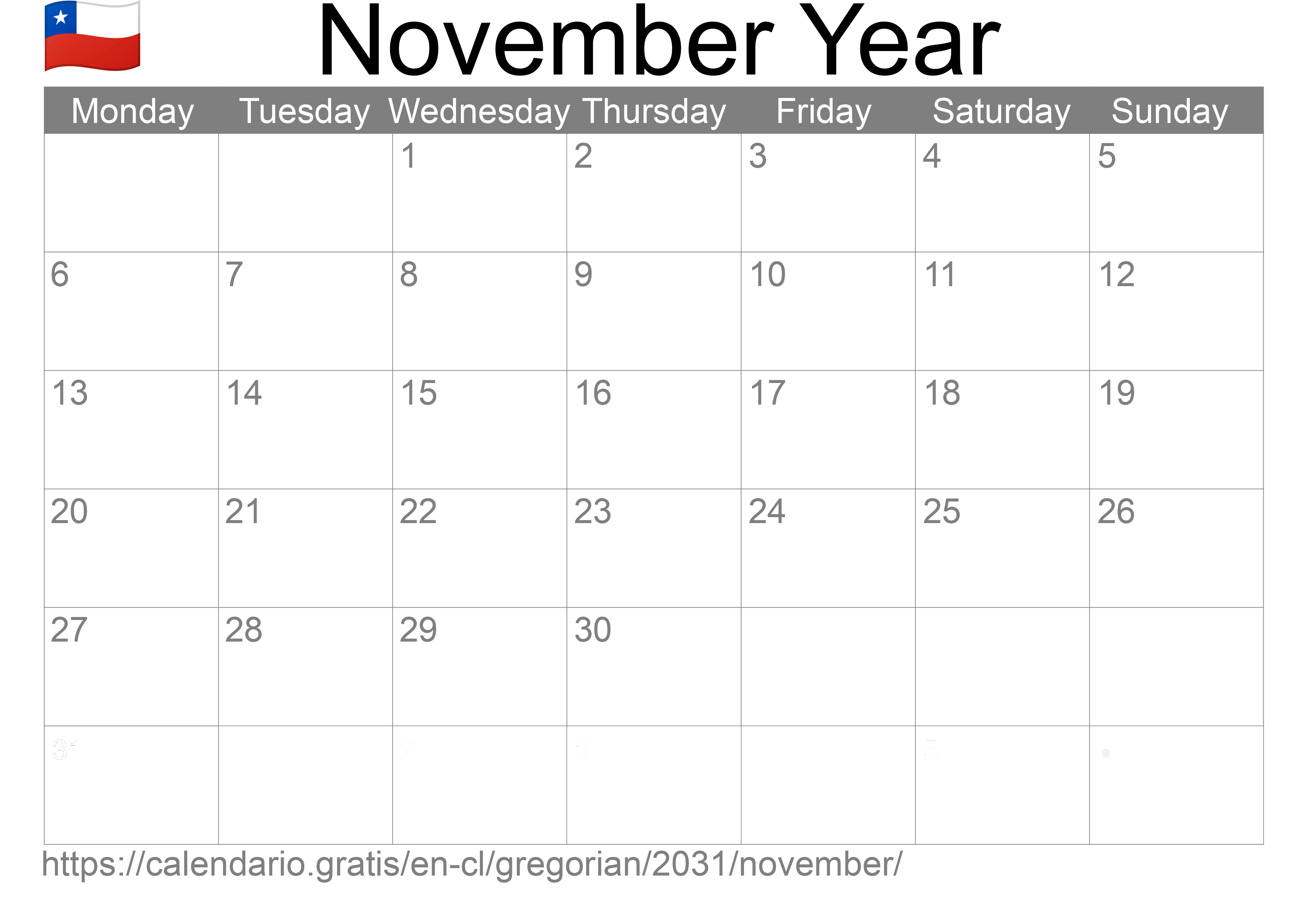 Calendar November 2031 to print