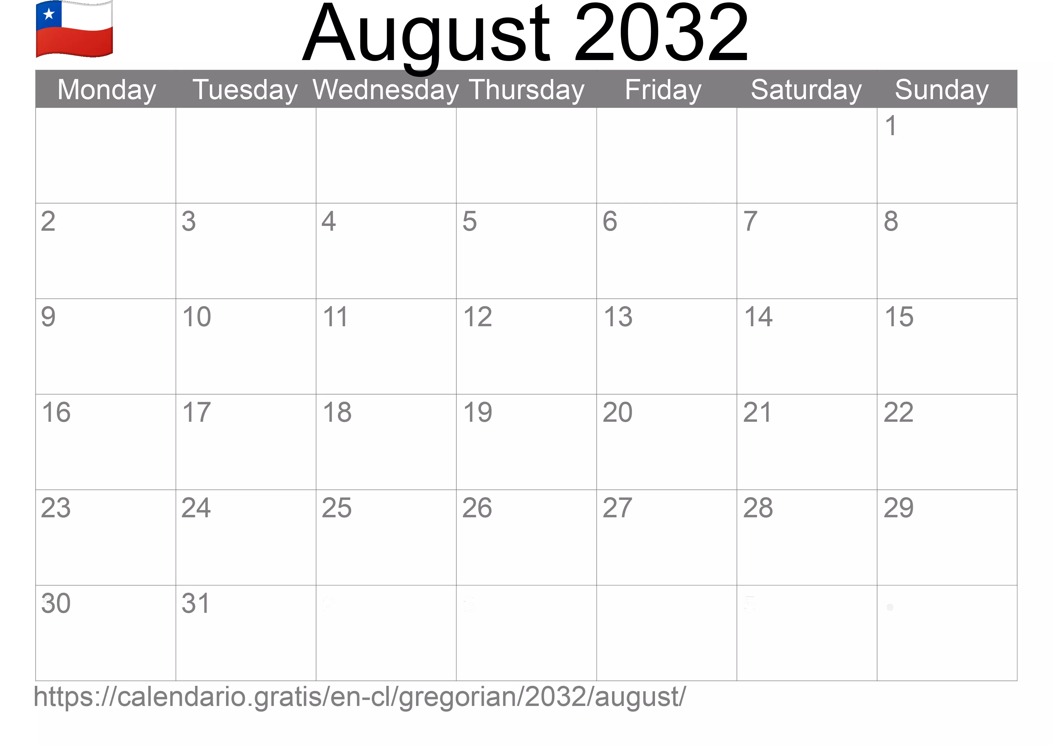 Calendar August 2032 to print (Chile) Calendar August 2032 to print (Chile)