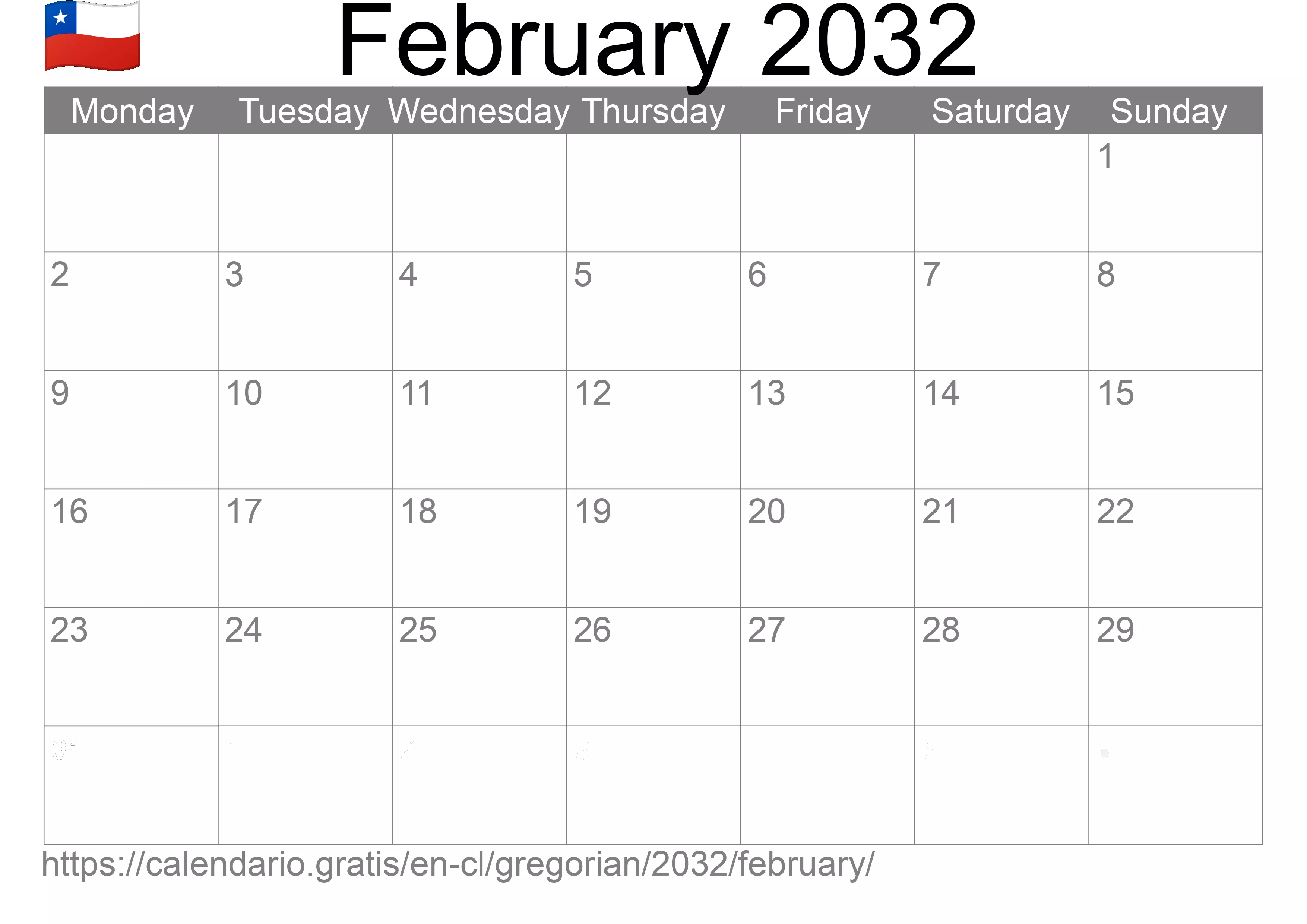 Calendar February 2032 to print (Chile) Calendar February 2032 to print (Chile)
