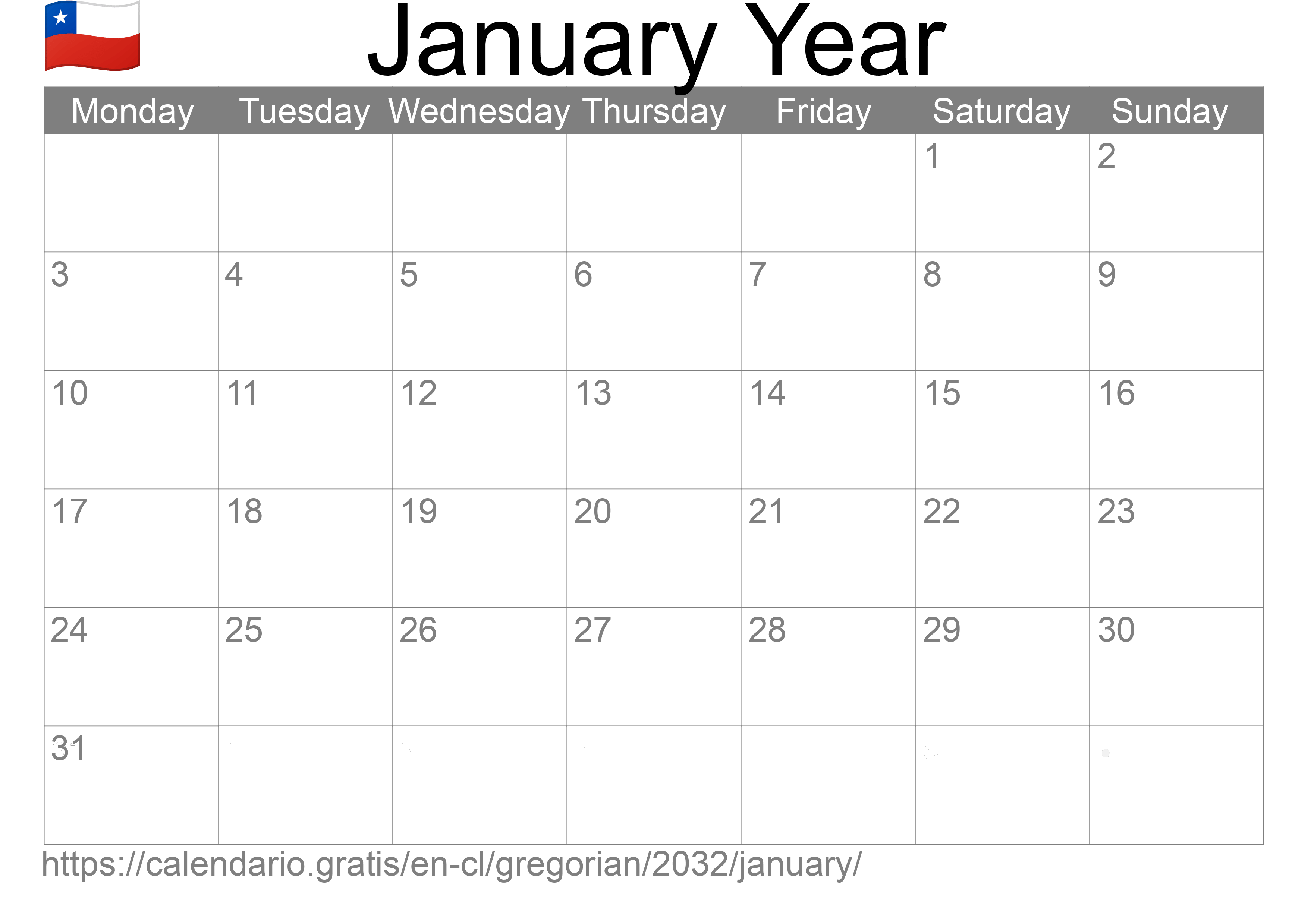 Calendar January 2032 to print