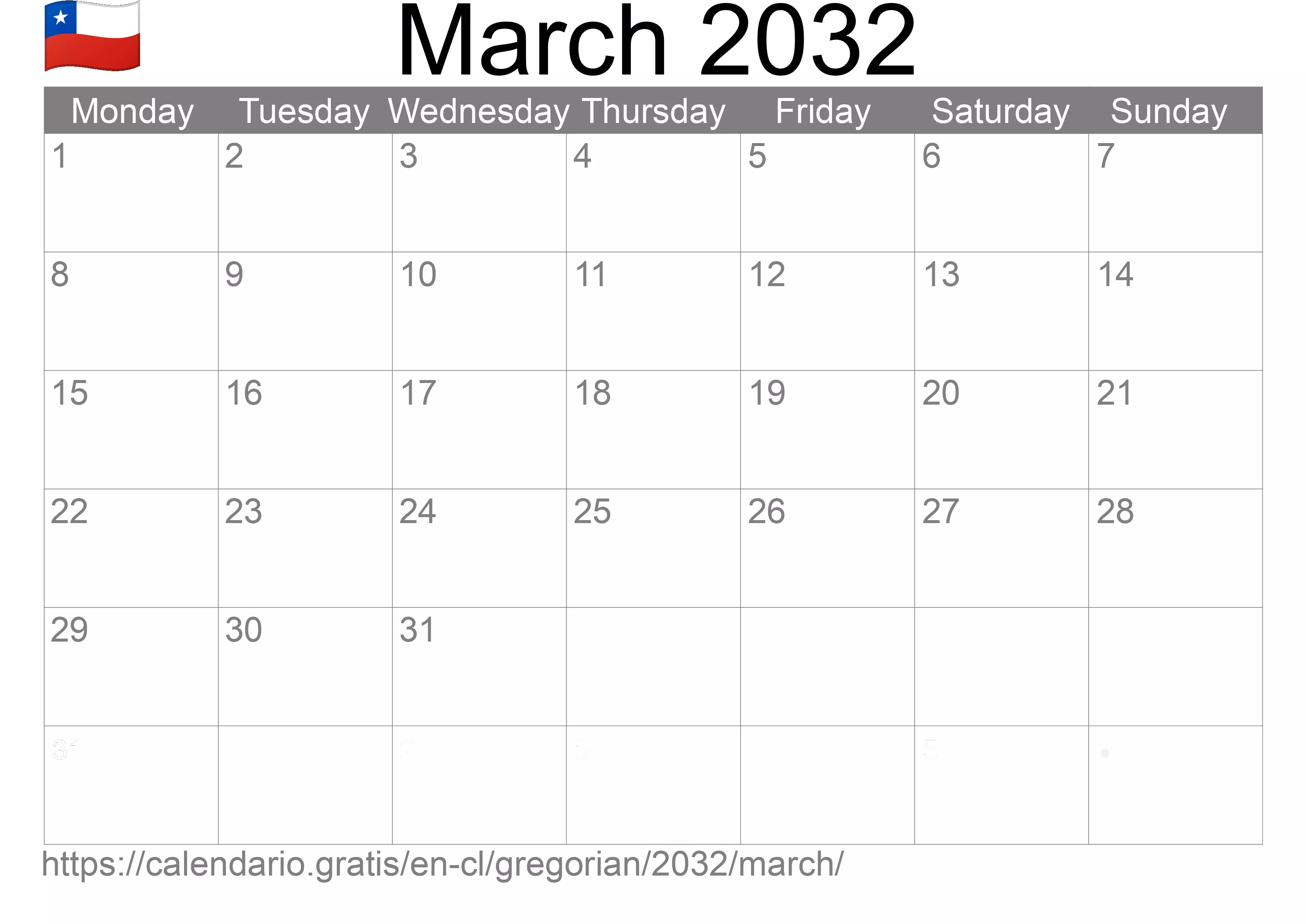 Calendar March 2032 to print (Chile) Calendar March 2032 to print (Chile)