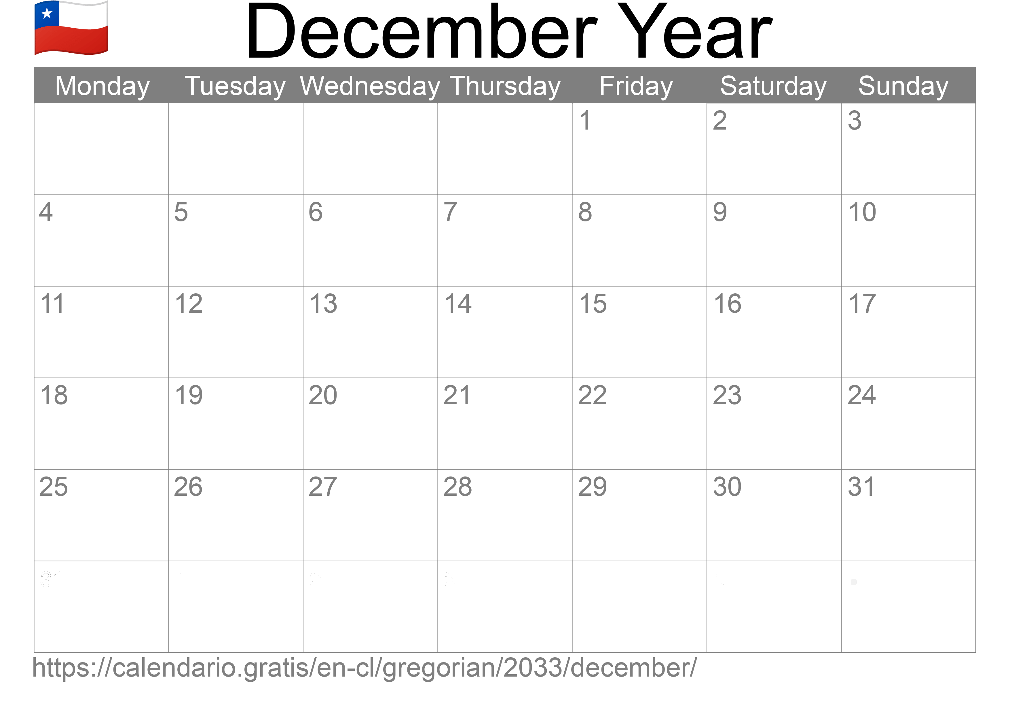 Calendar December 2033 to print