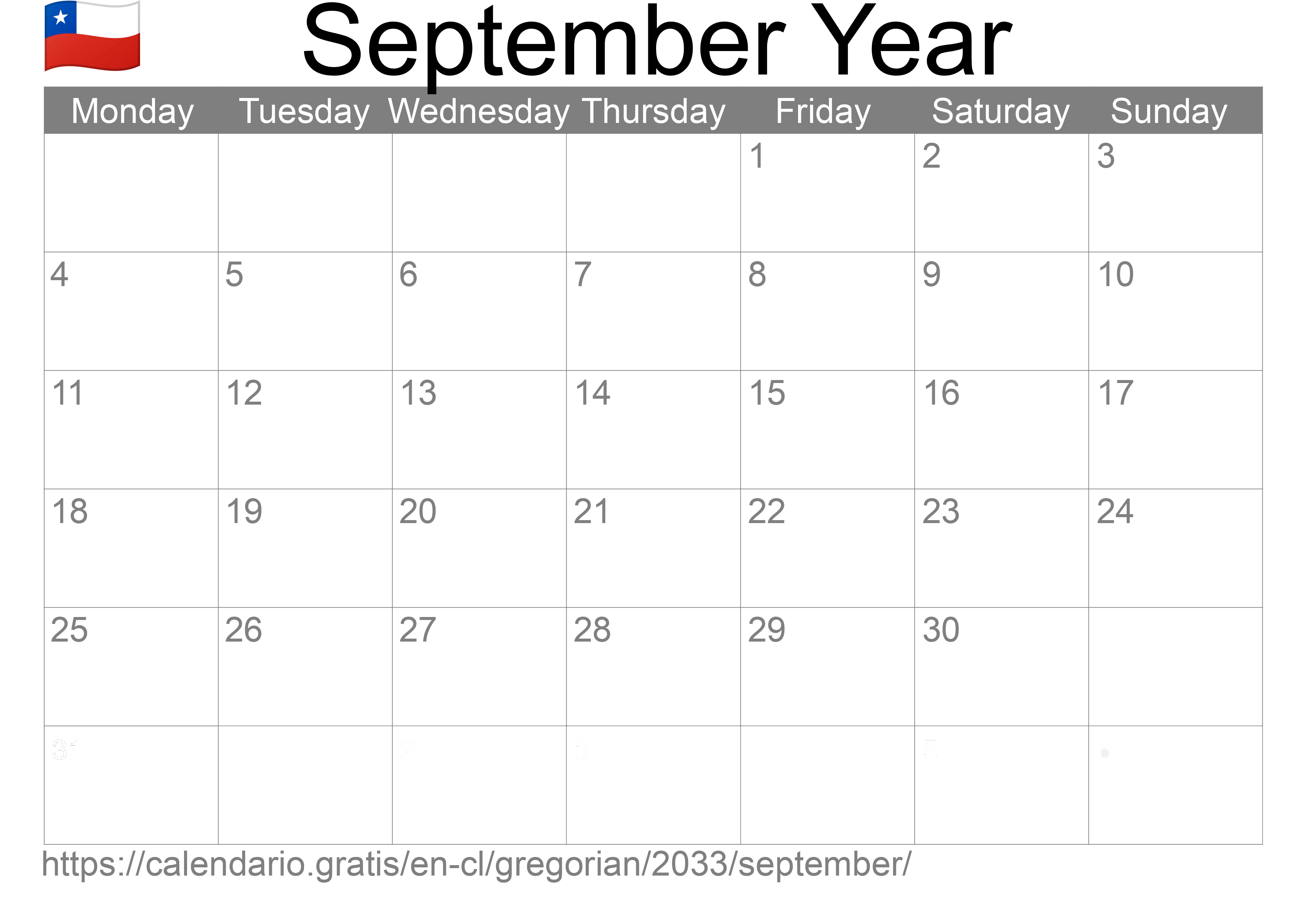 Calendar September 2033 to print