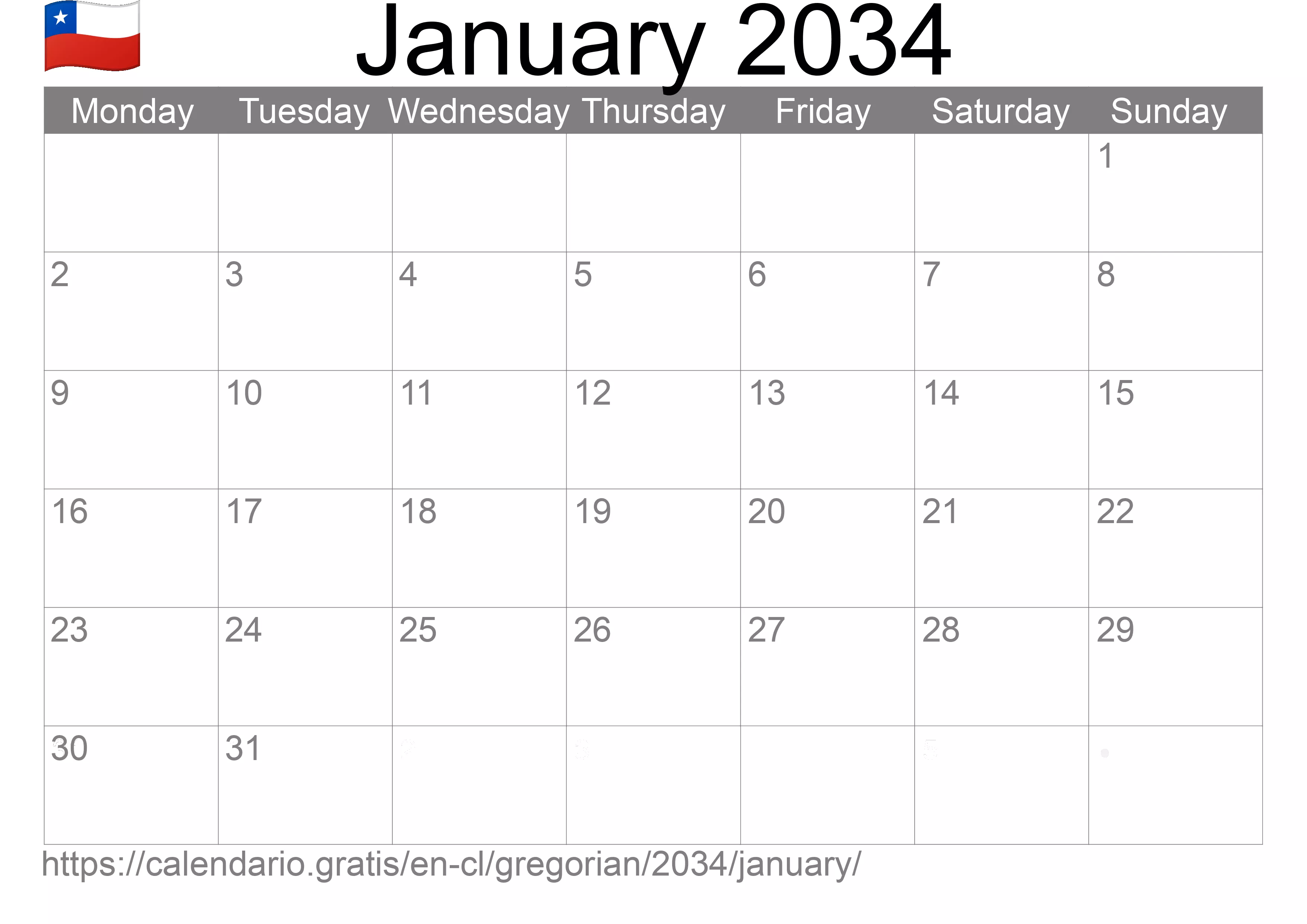 Calendar January 2034 to print (Chile)
