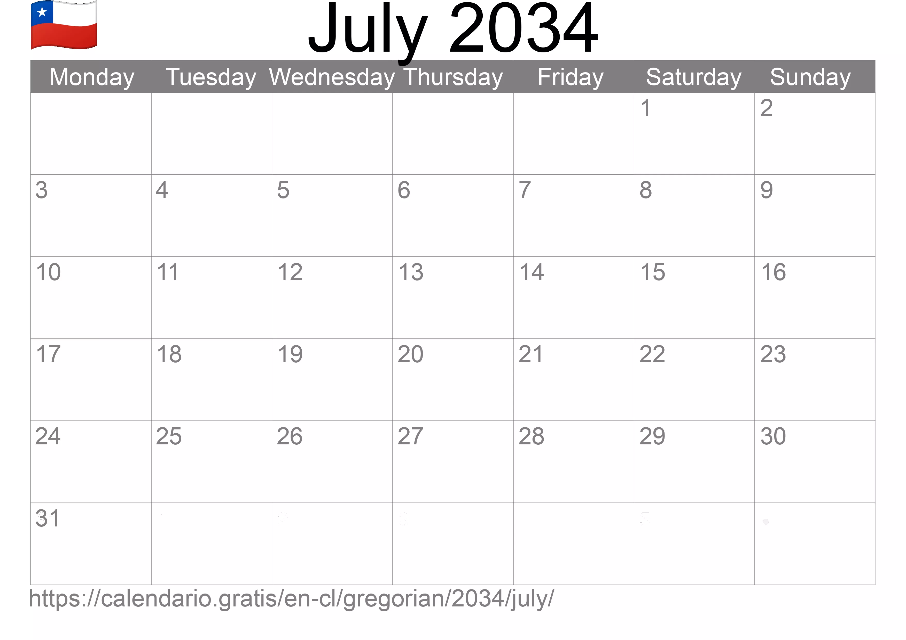 Calendar July 2034 to print (Chile)