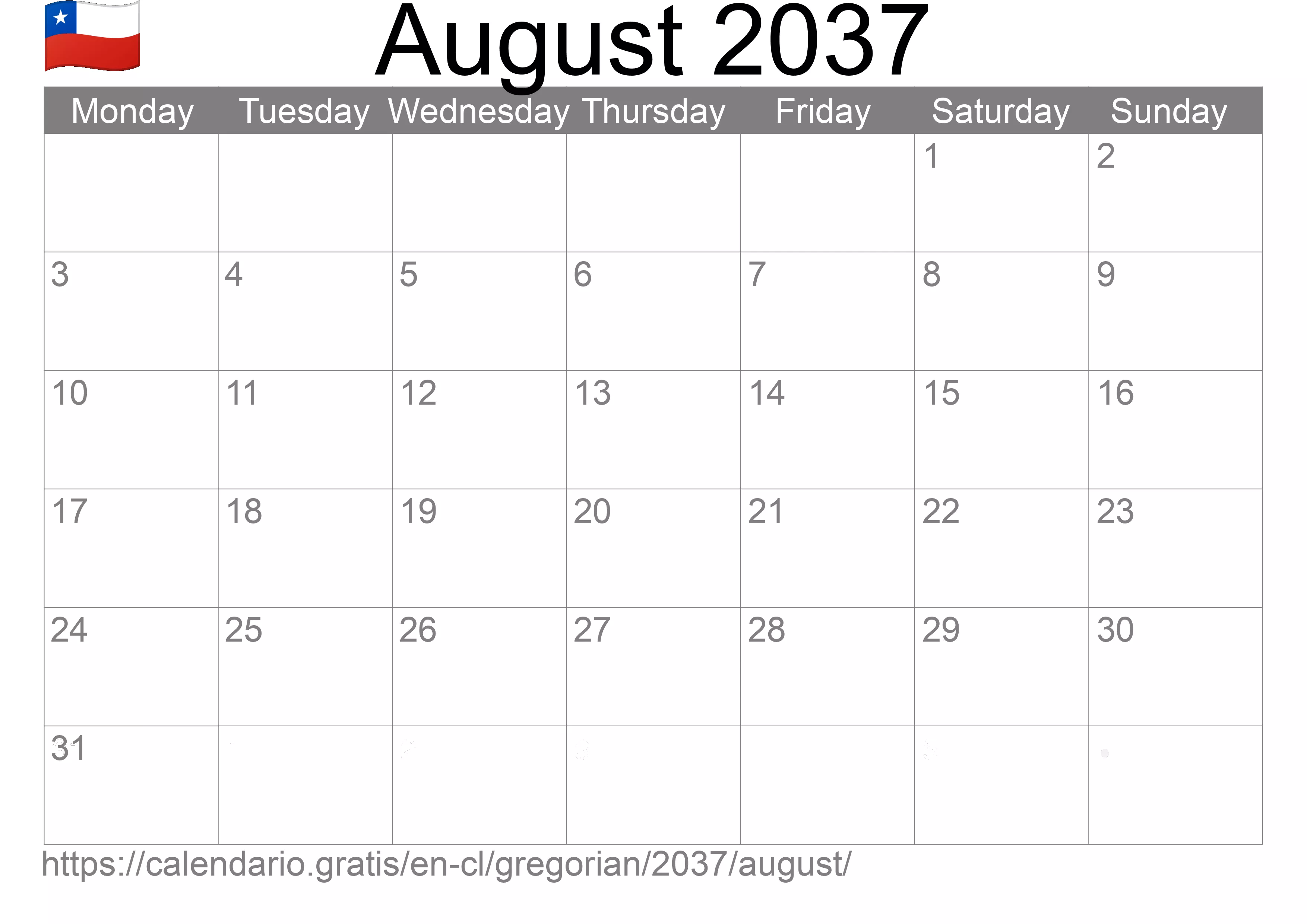 Calendar August 2037 to print (Chile)
