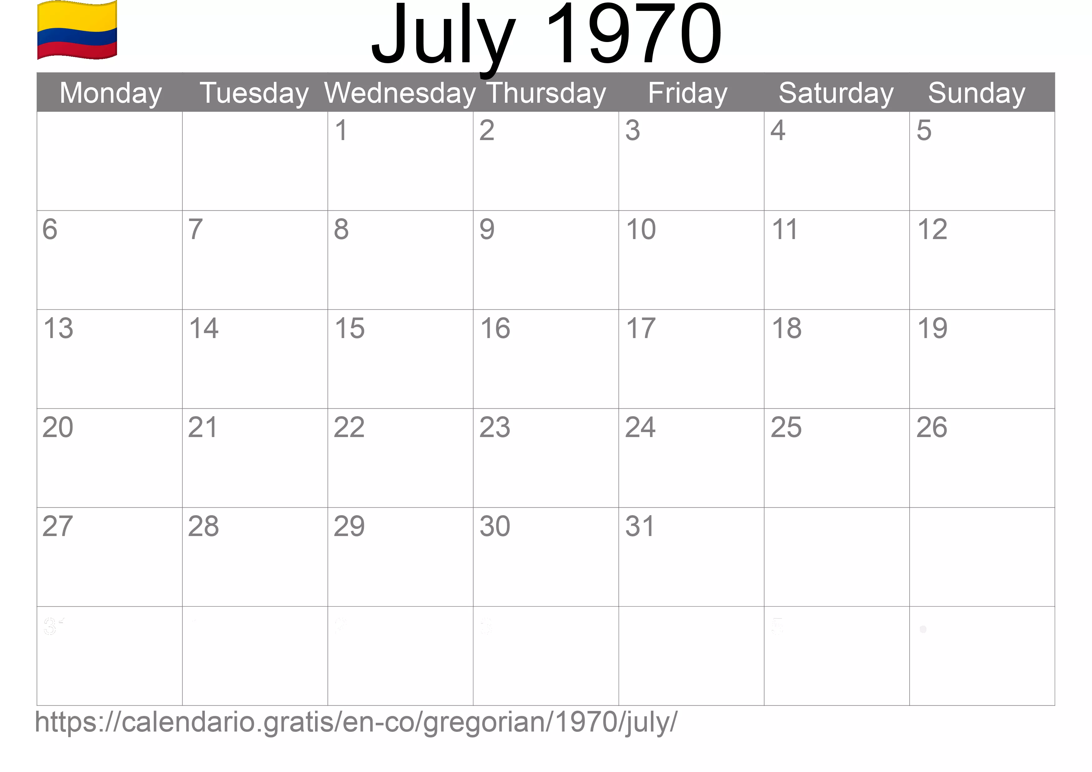 Calendar July 1970 to print (Colombia)