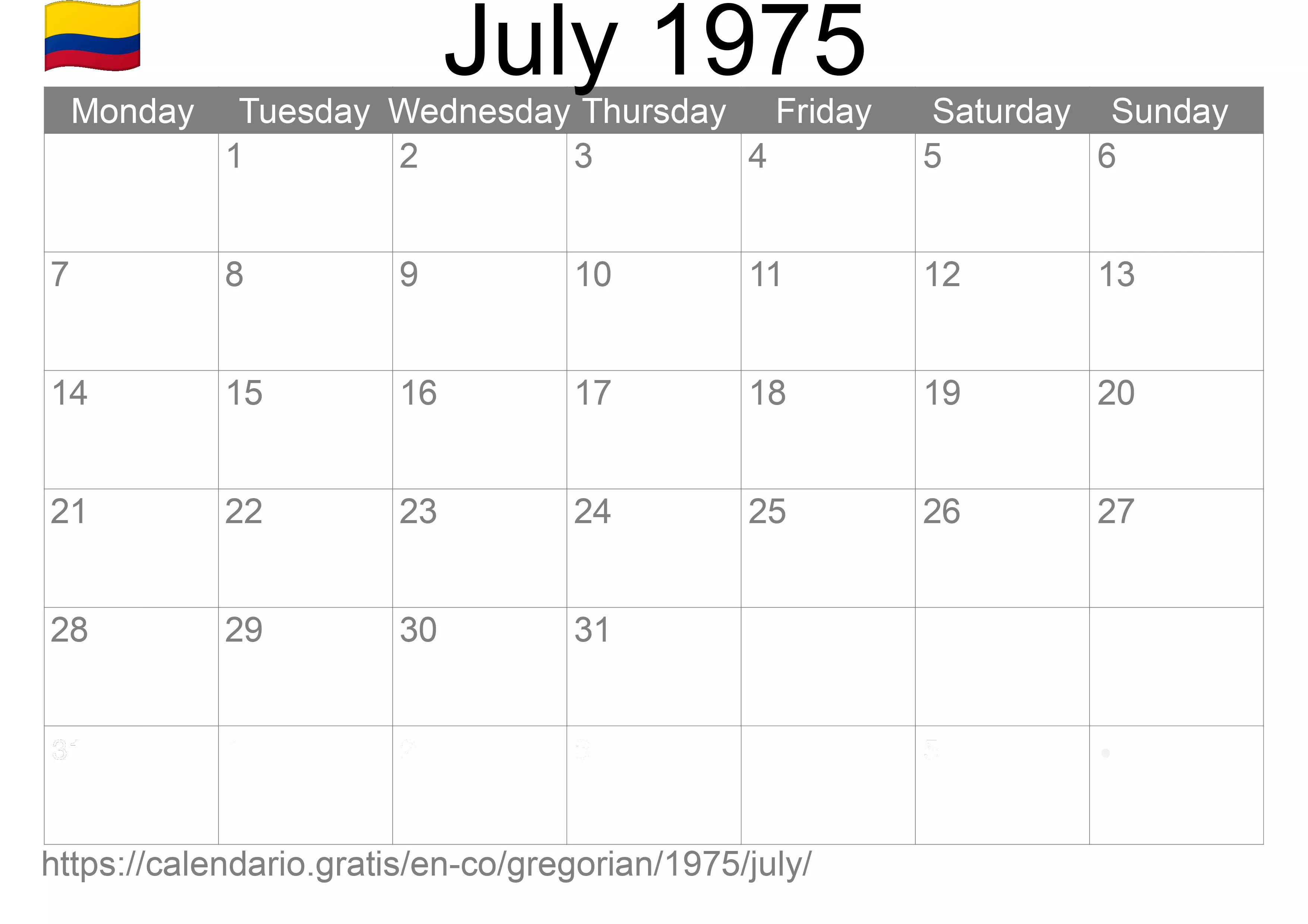 Calendar July 1975 to print (Colombia) Calendar July 1975 to print (Colombia)
