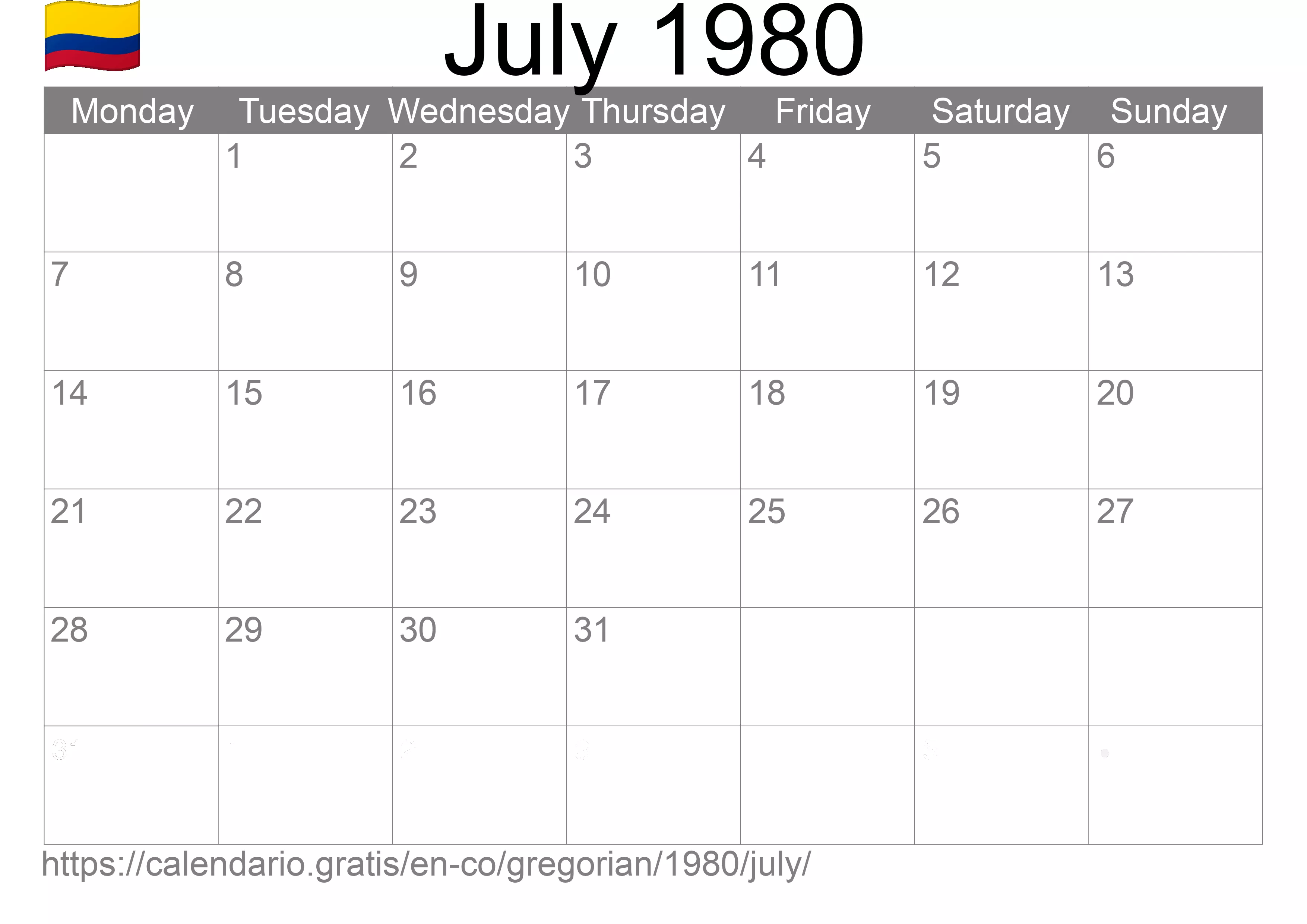 Calendar July 1980 to print (Colombia) Calendar July 1980 to print (Colombia)
