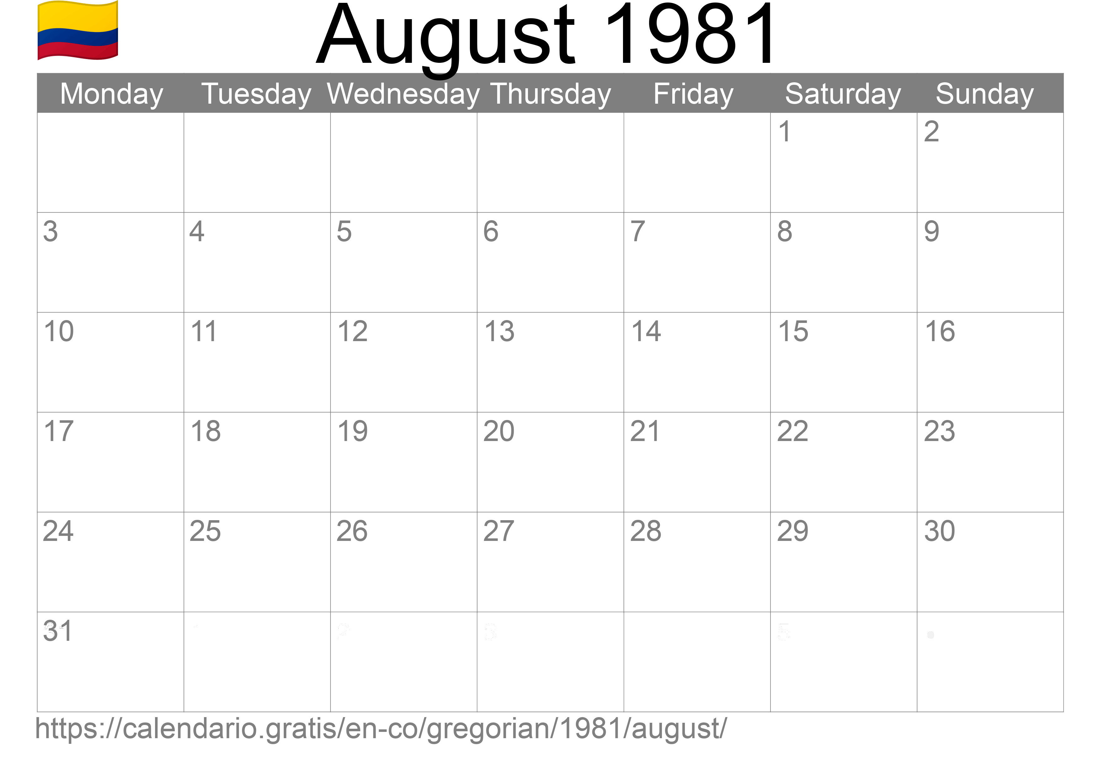 Calendar August 1981 to print