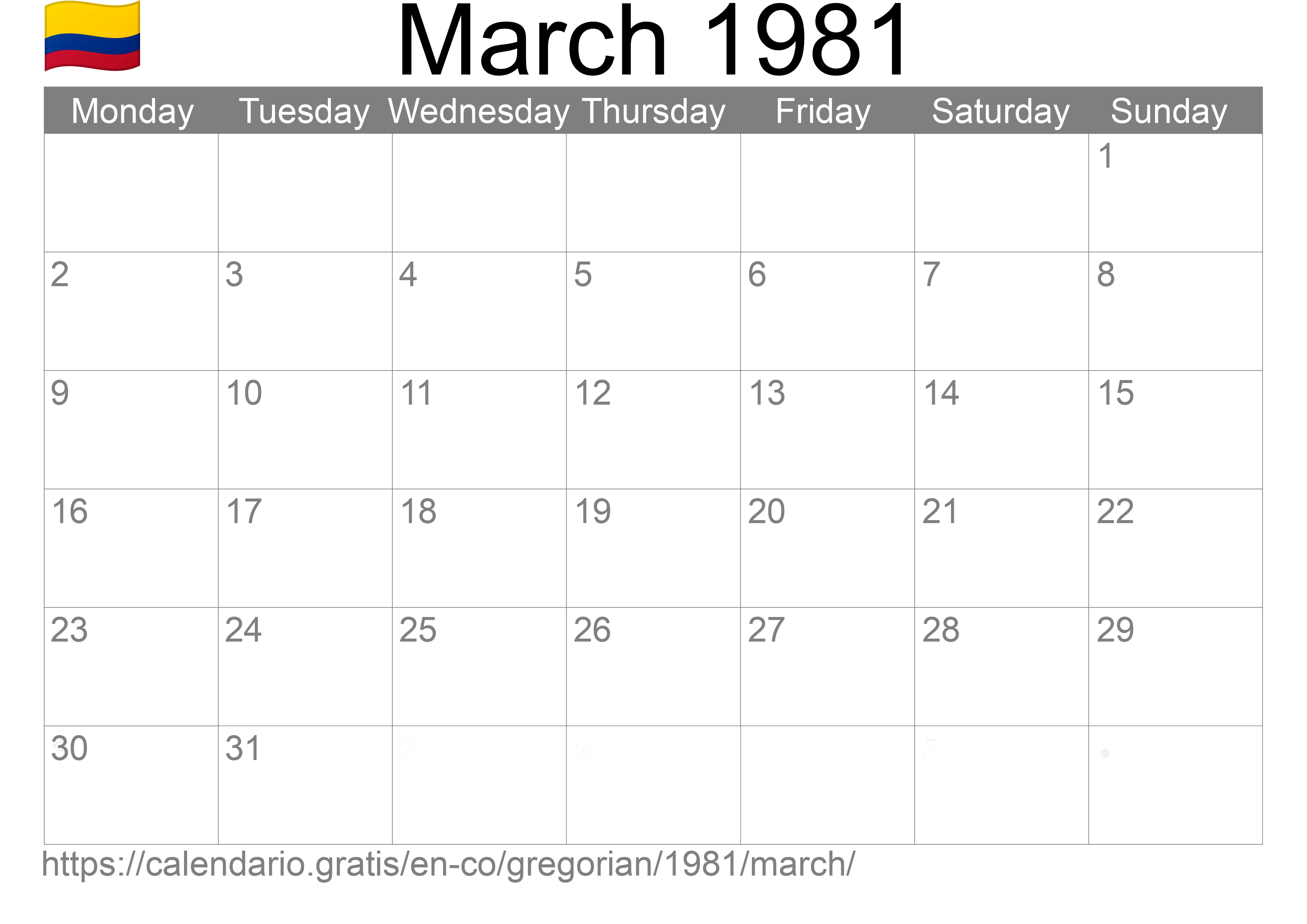 Calendar March 1981 to print