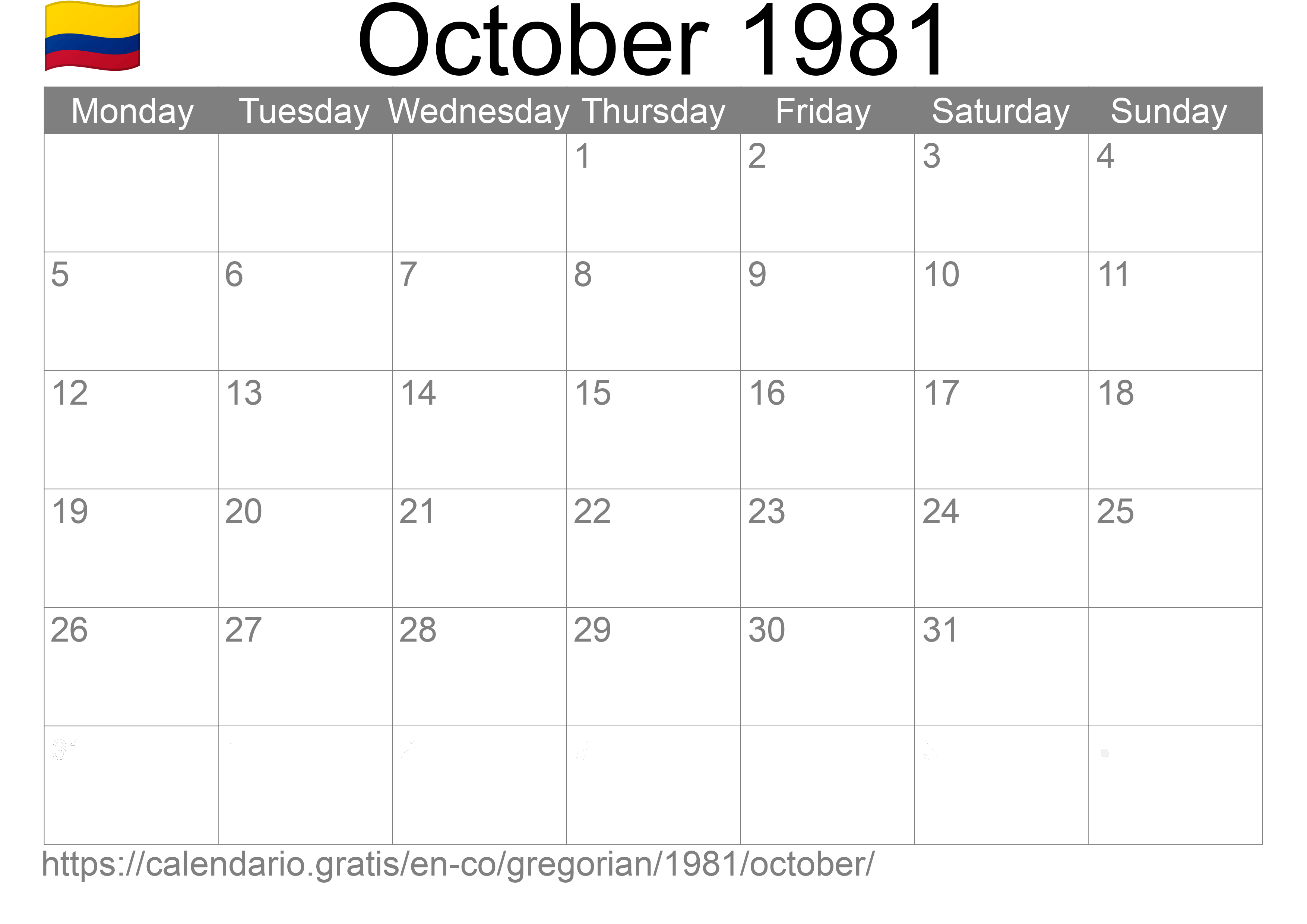 Calendar October 1981 to print