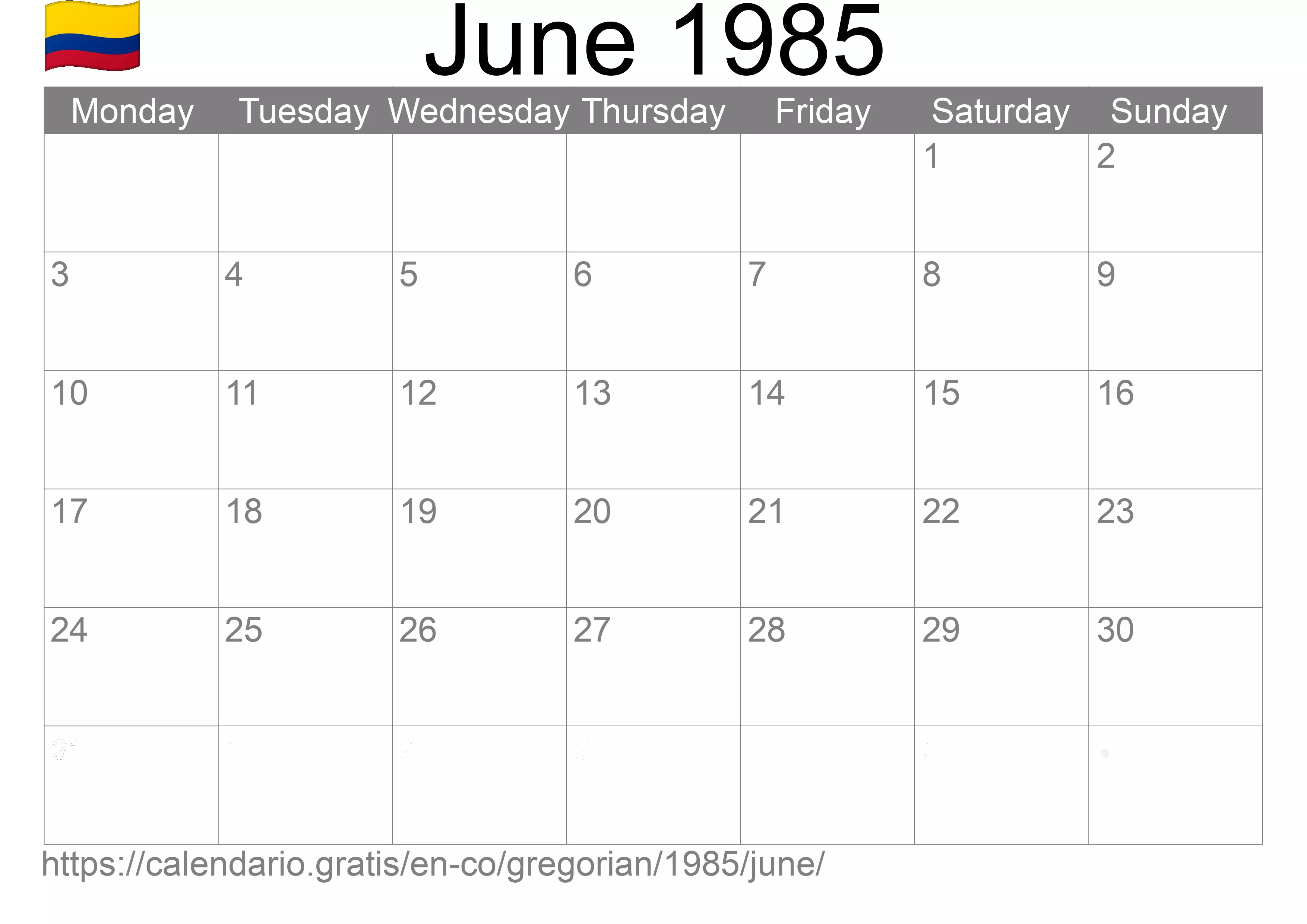 Calendar June 1985 to print (Colombia) Calendar June 1985 to print (Colombia)