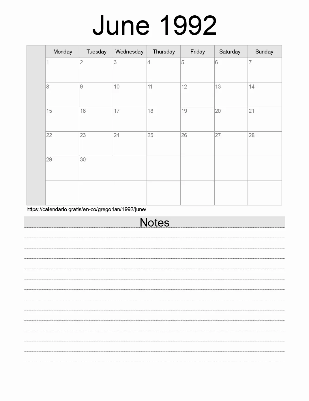 Calendar for printing with notes for 1992 June . (Colombia)