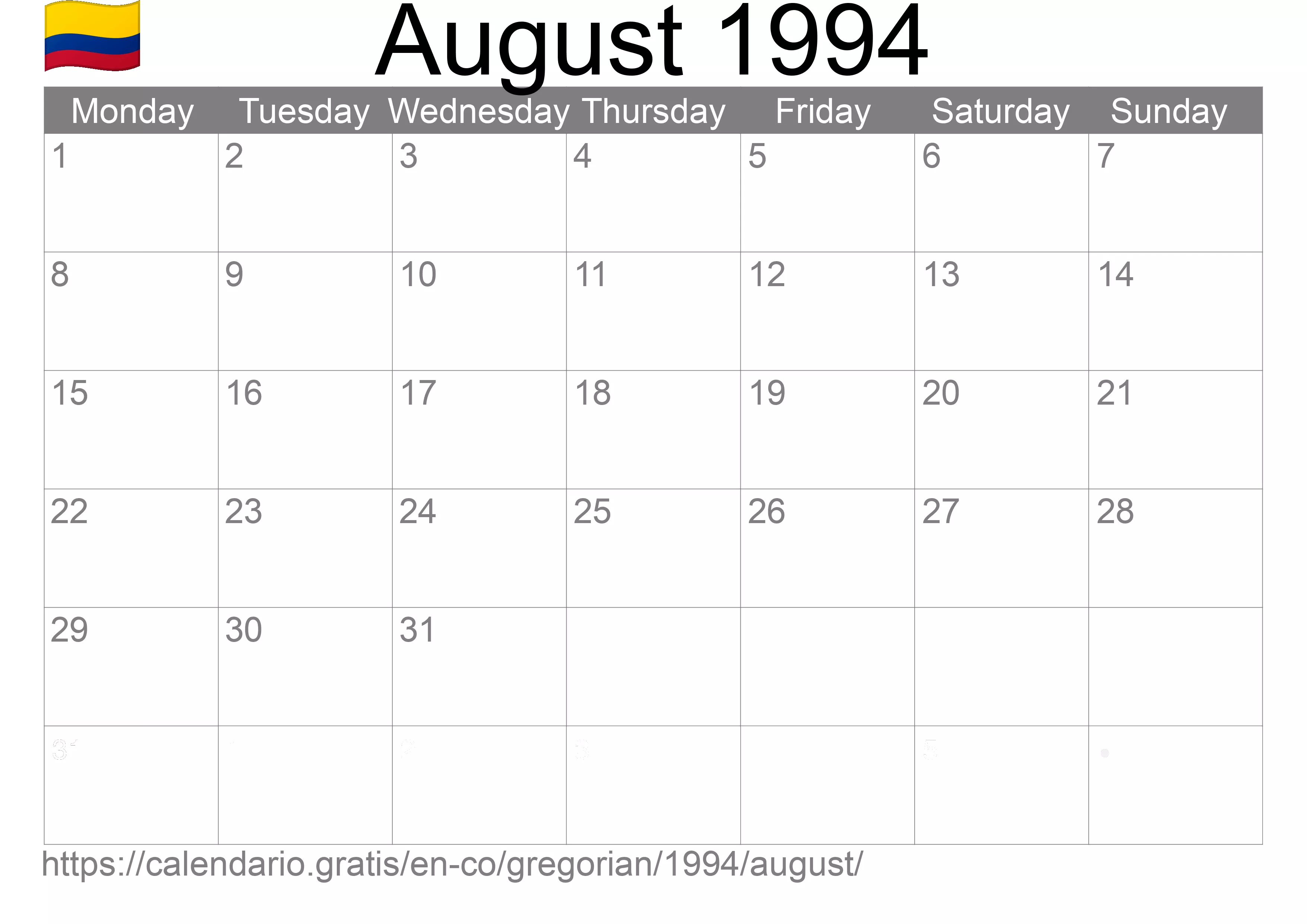 Calendar August 1994 to print (Colombia) Calendar August 1994 to print (Colombia)