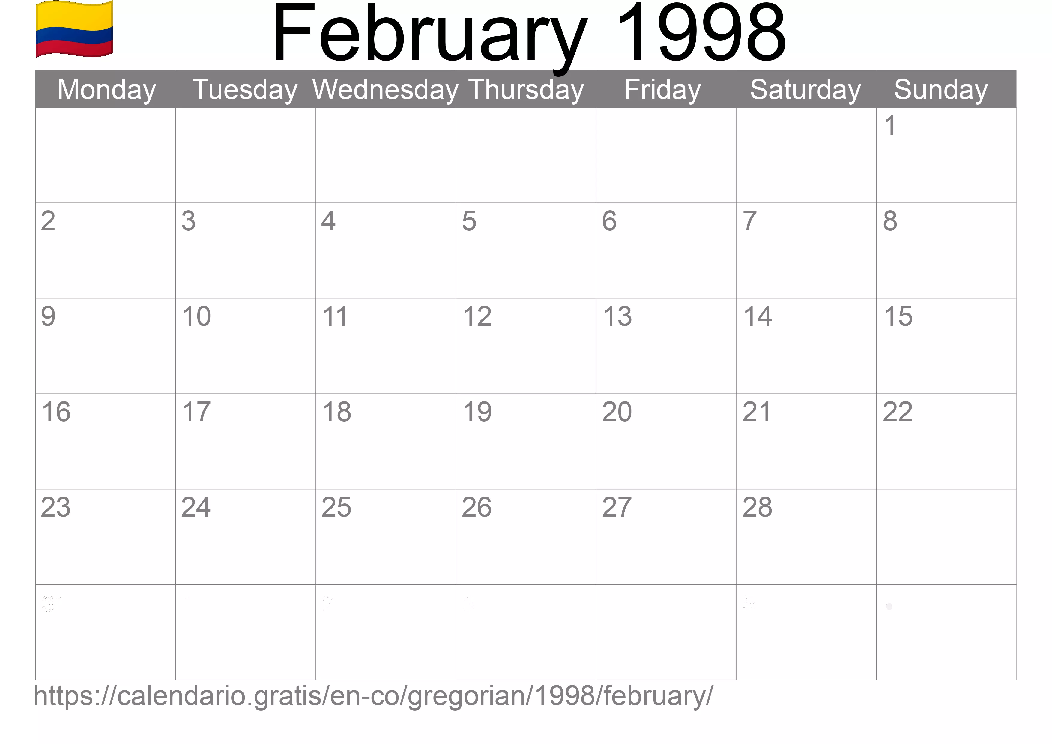 Calendar February 1998 to print (Colombia) Calendar February 1998 to print (Colombia)