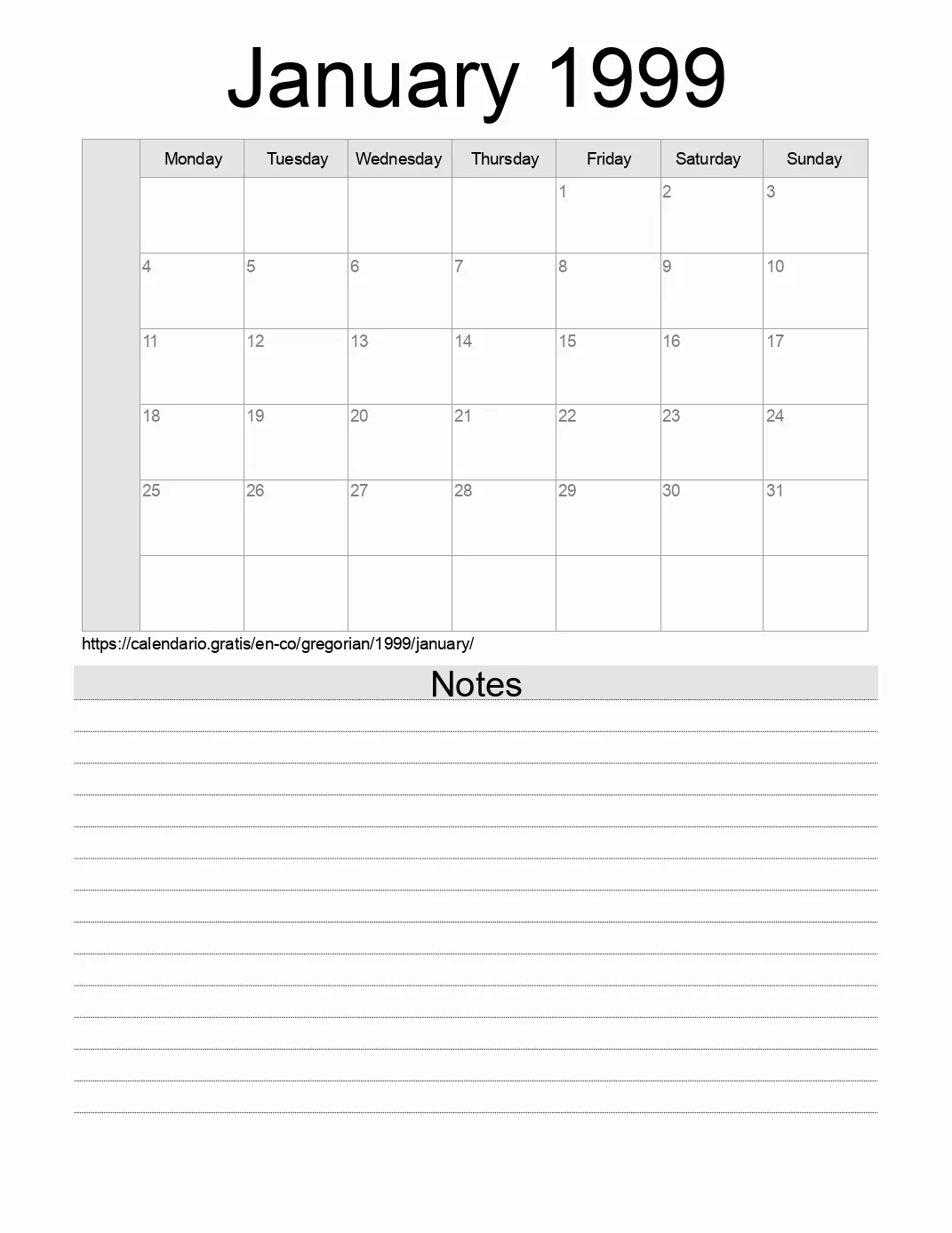 Calendar for printing with notes for 1999 January . (Colombia)