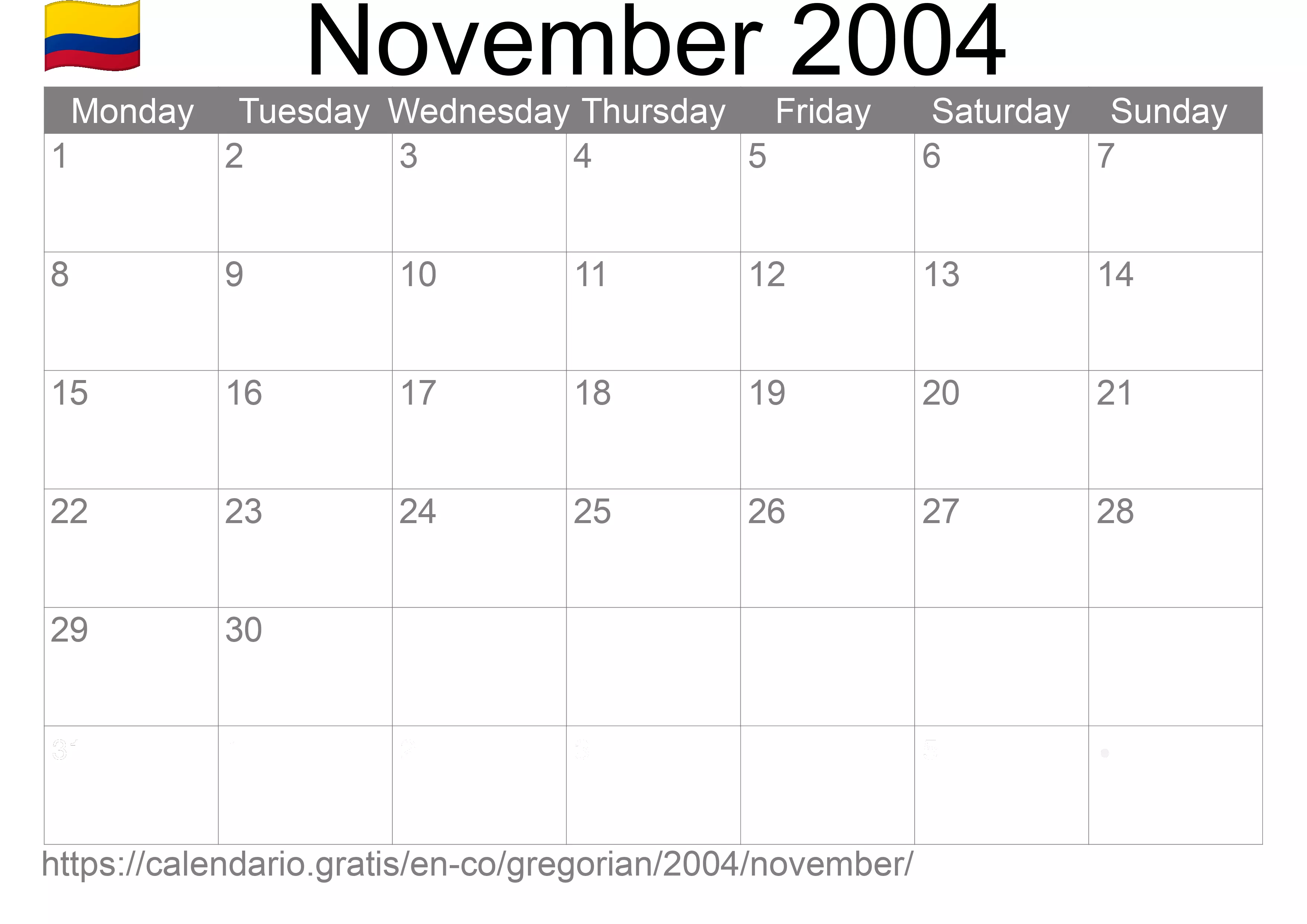 Calendar November 2004 to print (Colombia)