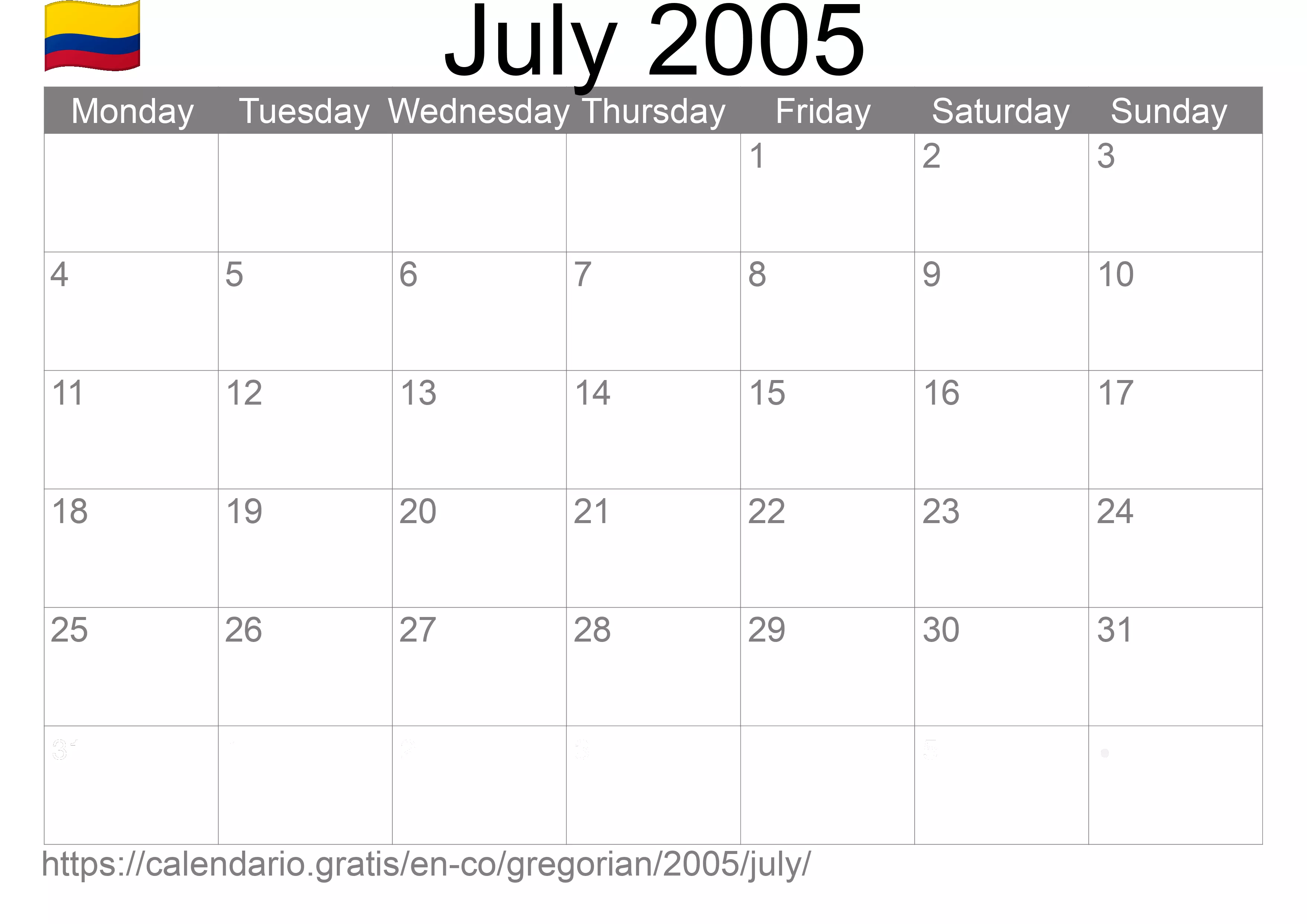 Calendar July 2005 to print (Colombia)