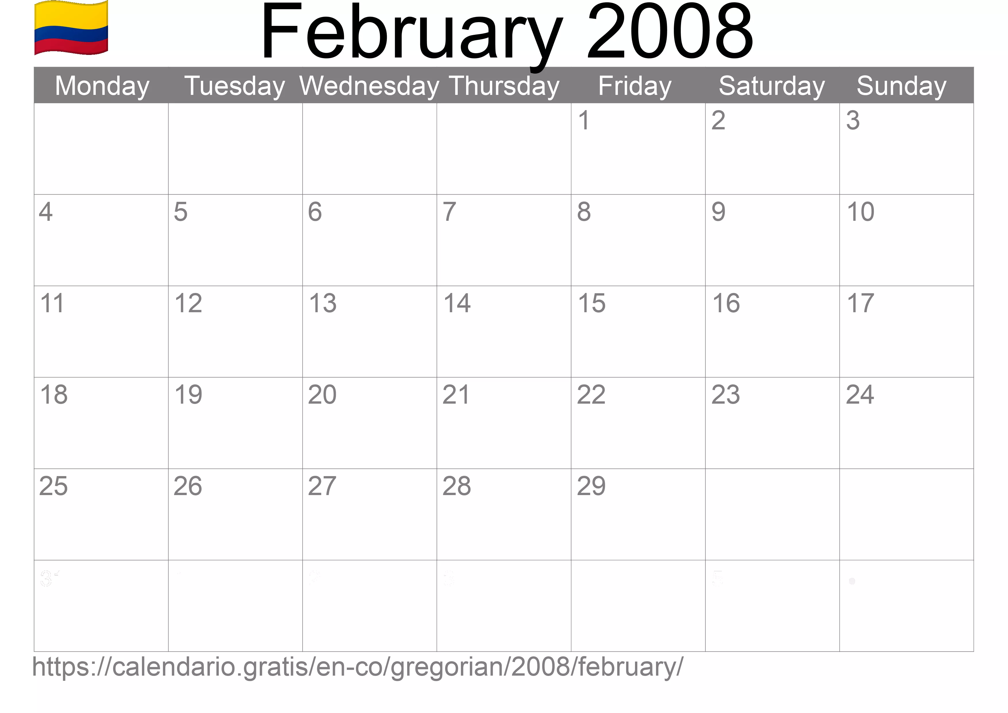 Calendar February 2008 to print (Colombia)
