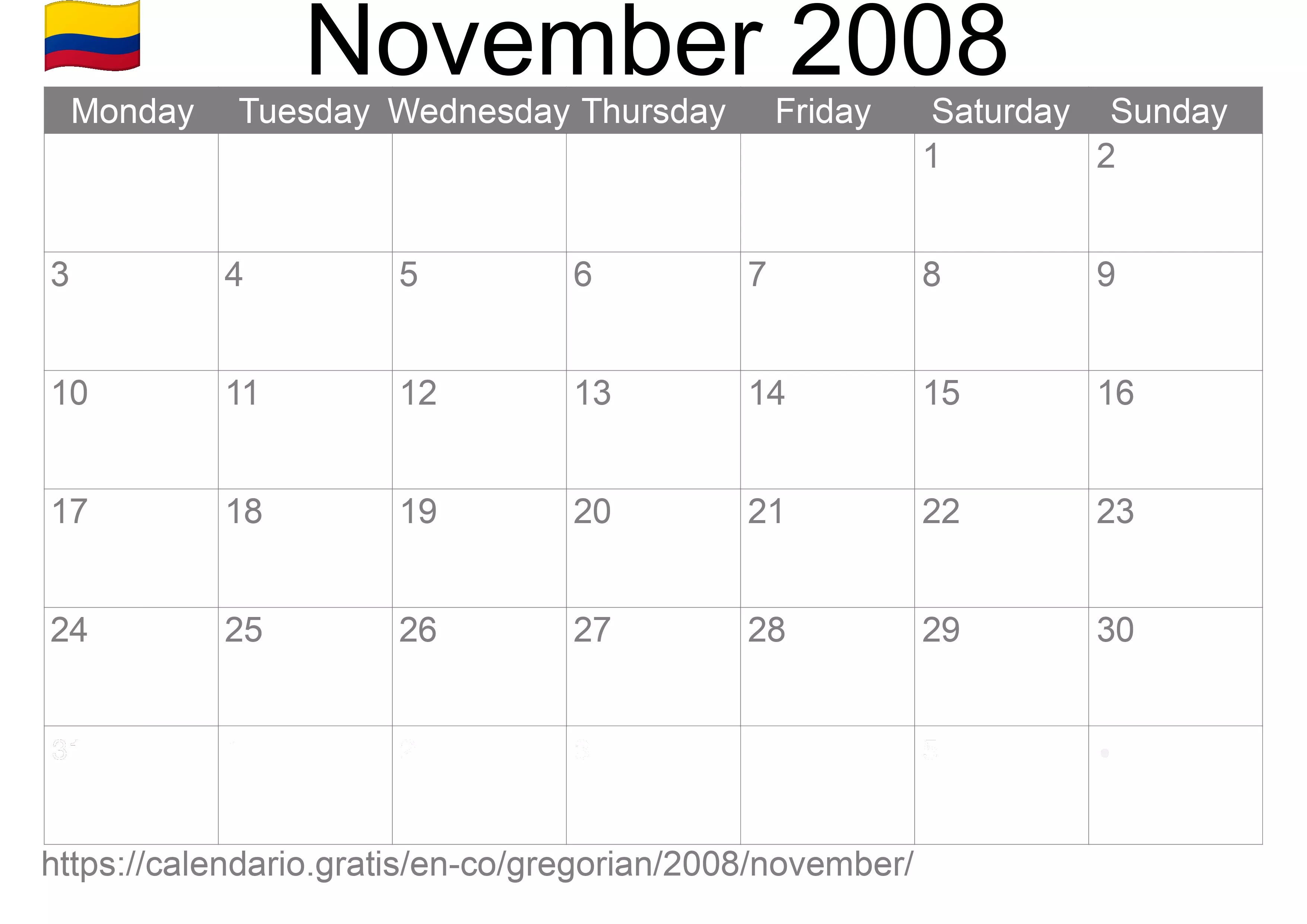 Calendar November 2008 to print (Colombia)