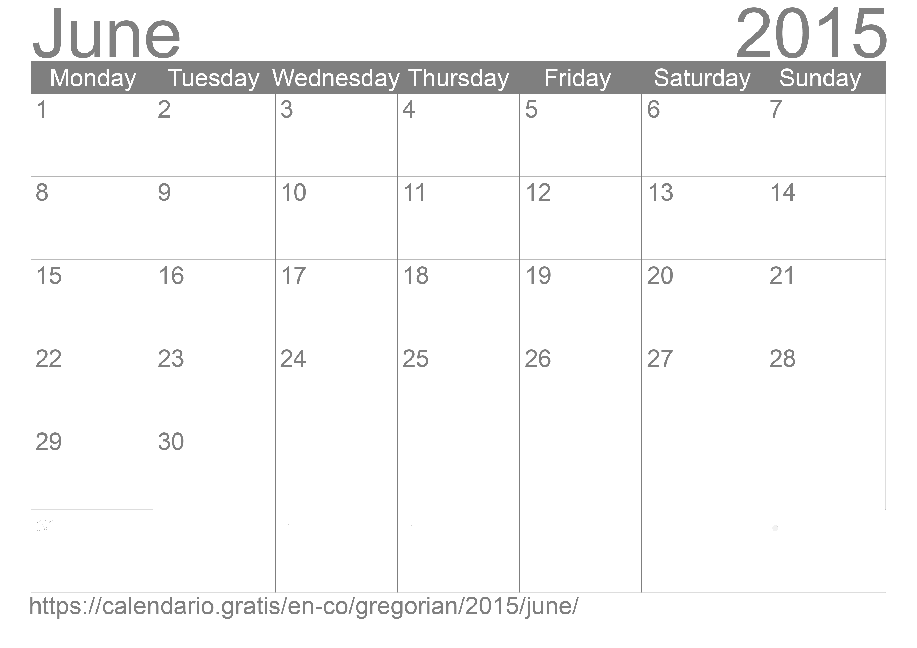 Calendar June 2015 to print
